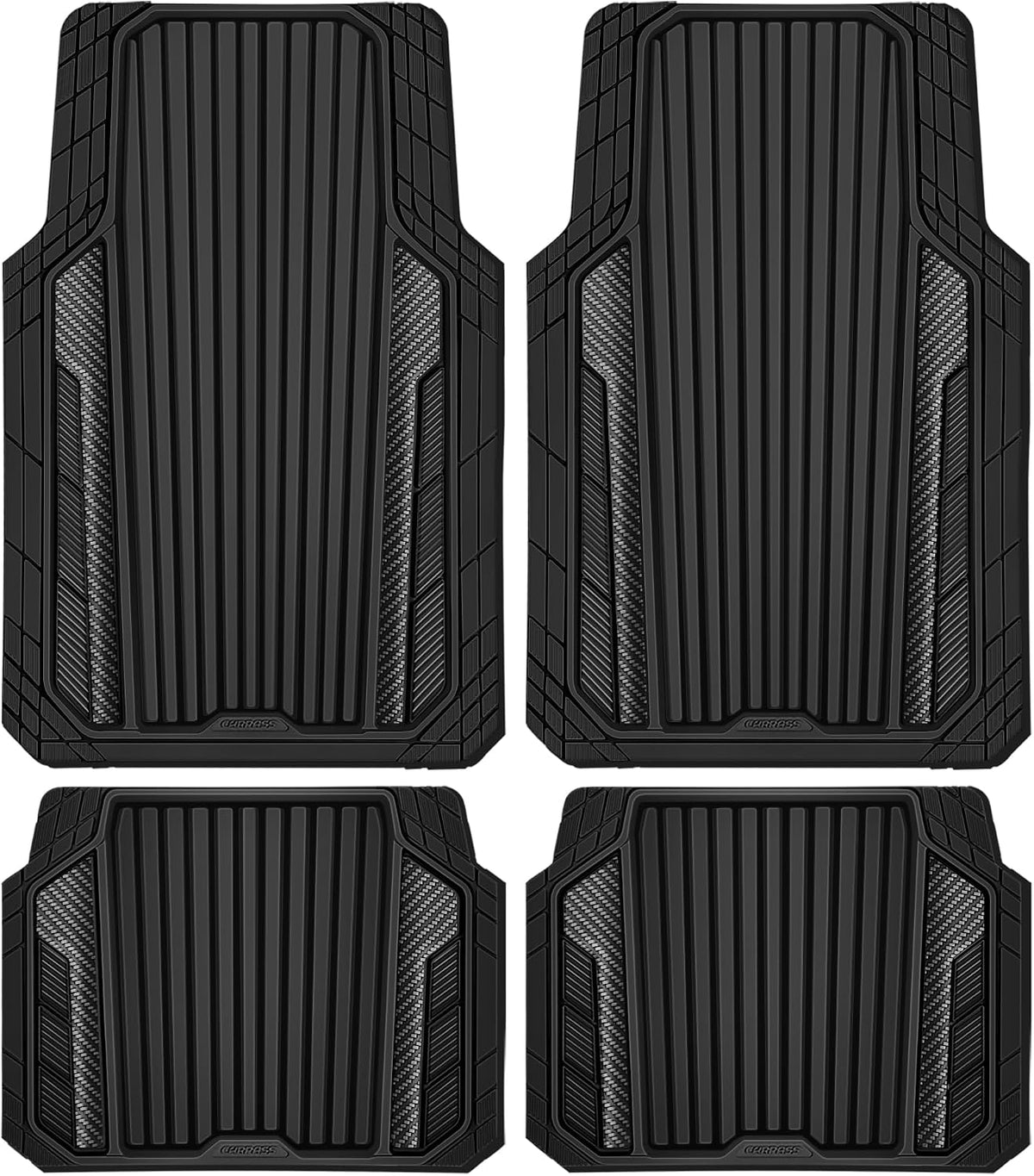 CAR PASS Heavy Duty Rubber Car Mats Metallic,Aluminum Film All Weather Floor Mats Waterproof Universal Trim to Fit SUVs Sedans Vans 4 Piece Anodized Deep Dish Two-Tone Sporty Carbon Fiber Black Chrome