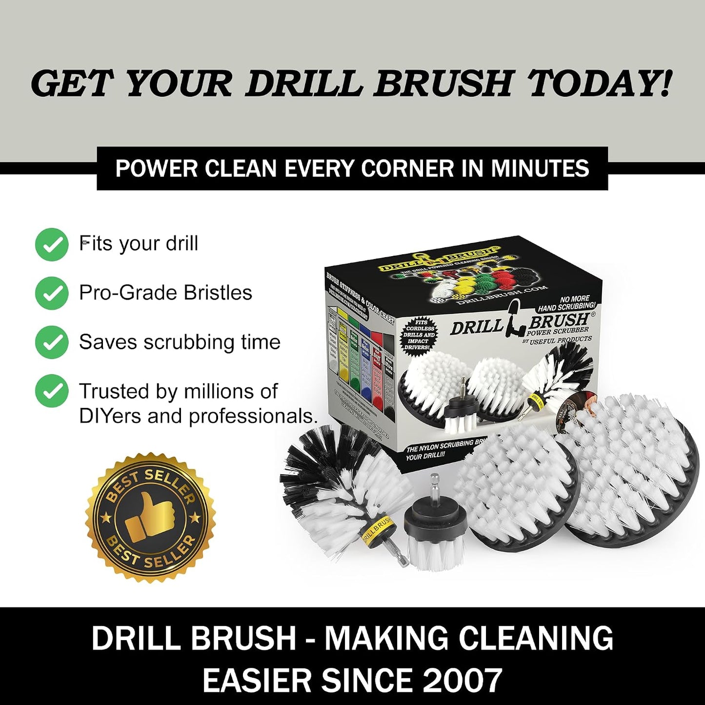 Interior Car Detailing Drill Brush Set - Soft Bristle Power Scrubber Attachments for Cleaning Car, Truck, Upholstery, Carpet, Leather, Seats, Wheels, Rims, Dash, Console, & Trim - Nylon Auto Scrubber