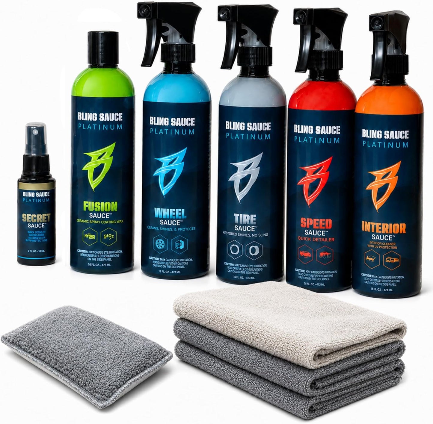 Bling Sauce Essentials 5-Pack Automotive Cleaning & Detailing Kit | Interior and Exterior car care bundle with microfiber towels and sponge for quick showroom shine anywhere