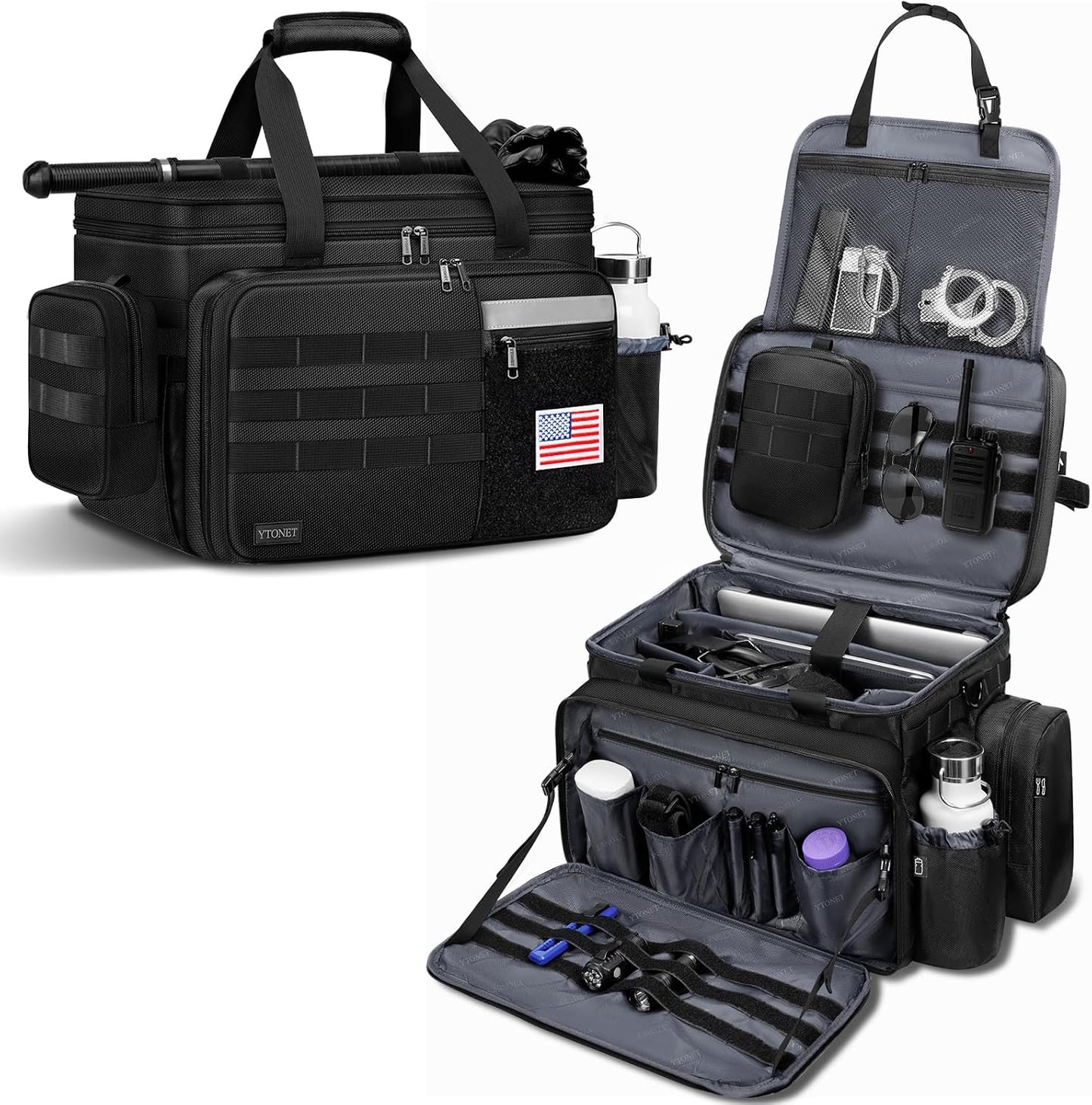 Patrol Bag Law Enforcement, Extra Large Police Gear Bag for Car Front Seat Organizer with a MOLLE Pouch & 15.6In Laptop Layer, Multiple Compartments Police Duty Bags Fit Passenger Seat, Pure Black
