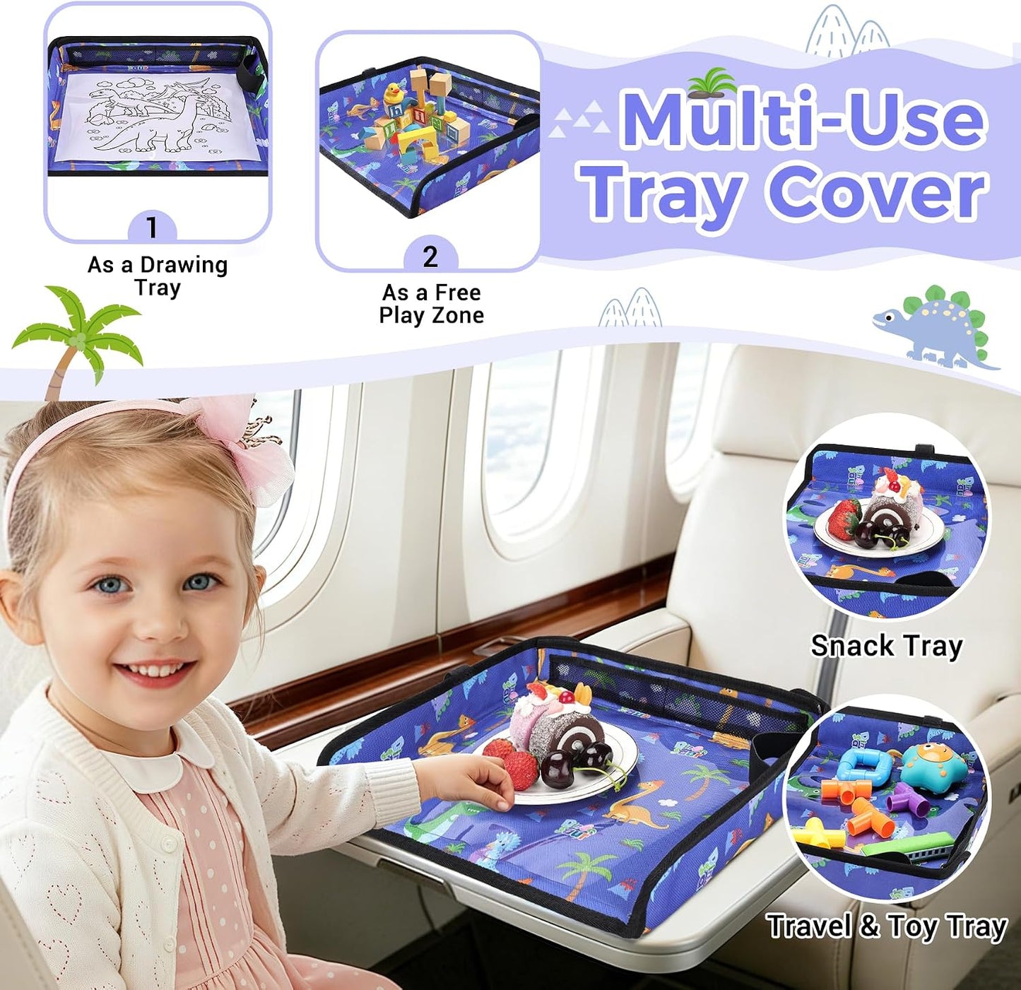 COOLBEBE Airplane Tray Table Cover, Foldable Travel Tray Cover for Toddlers 1-3, Universal Fit for Airplane, Car Seat, High Chair, Machine Washable, Portable, Blue Dinosaur