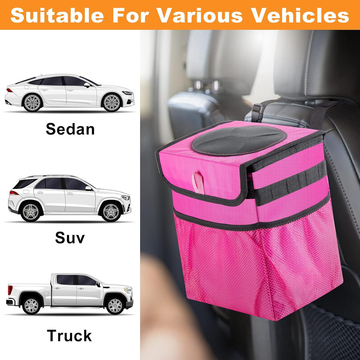 Car Trash Can Foldable Garbage Bin Leakproof 2.3 Gallons Car Trash Bag Pink