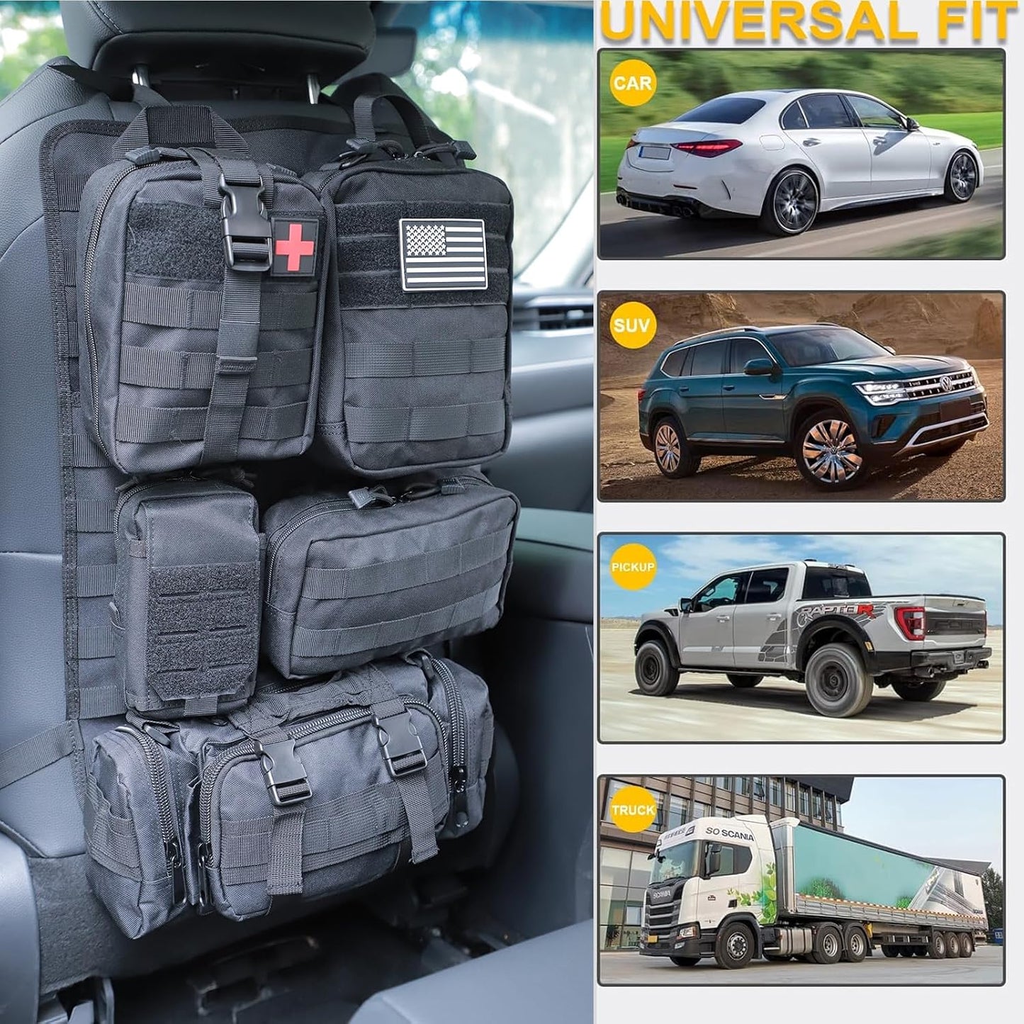 Jimikay Tactical Car Seat Back Organizer Hanger Bag with 5 Detachable Molle Pouch Vehicle Molle Panel Organizer Storage Bag Universal for for most car models (Black)