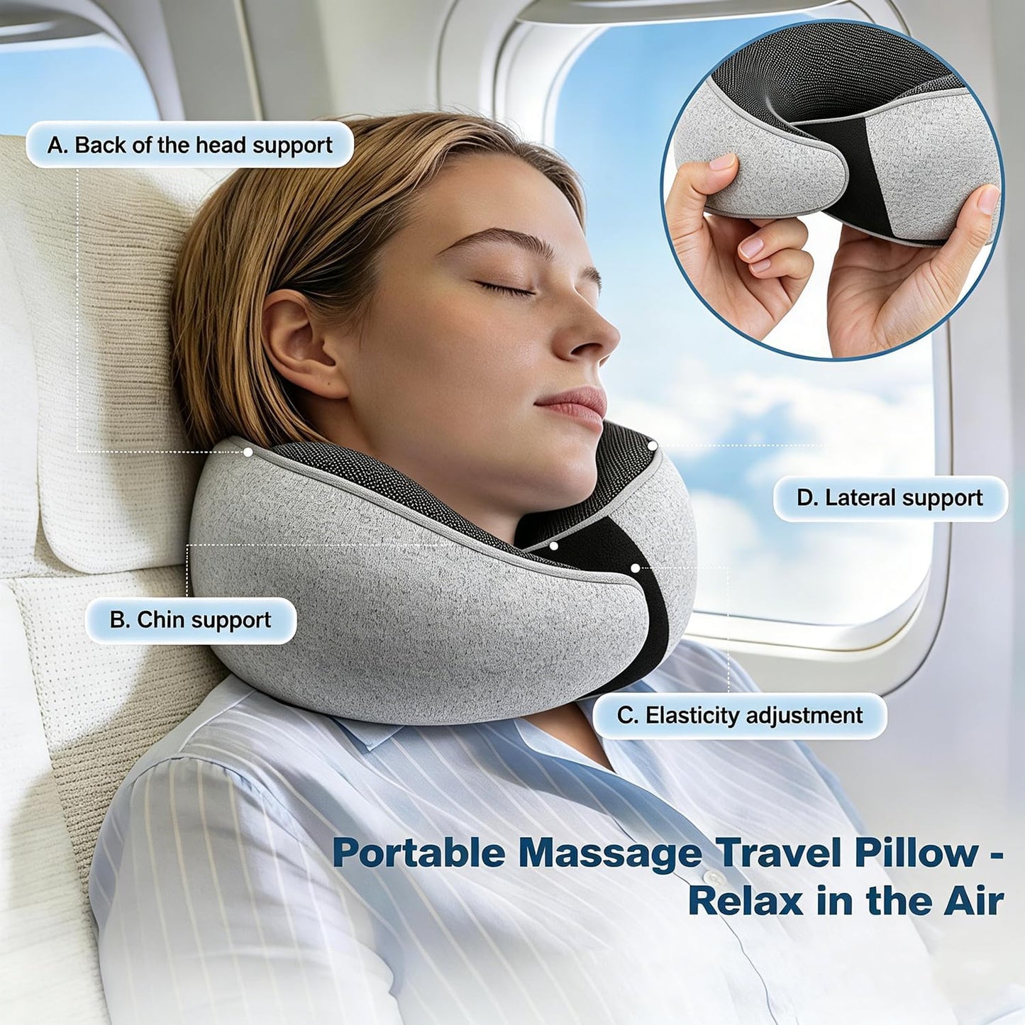 Ergonomic Airplane Pillow and Airplane Foot Hammock, Ultra Portable Neck Pillow with 360° Head Support, Portable Travel Foot Rest with Adjustable Strap, Includes Eye Mask & Ear Plugs, for Flight, Car