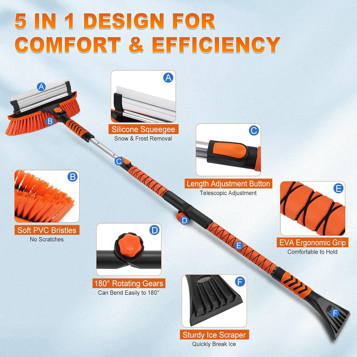 62.4" Foldable Snow Brush and Ice Scrapers for Car Windshield, Adjustable & Extendable Ice Removal Tool with Non-Slip Foam Grip, 180° Pivoting Snow Brush for Car, SUV, Truck