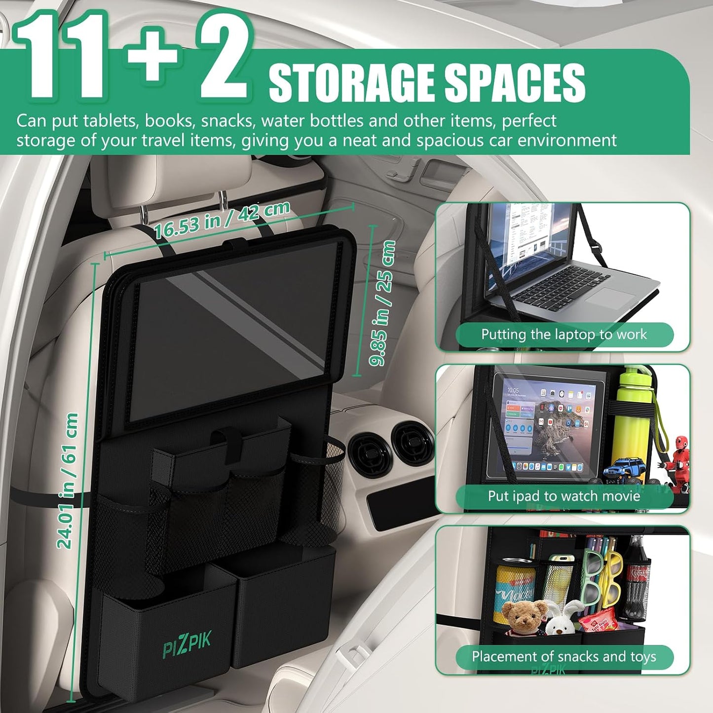 Plzpik Car Backseat Organizer with Tray(1Pack),13Storage Pockets with Foldable Food Tray, Protector Kick Mats for Kids, Travel Accessories Organizer (Black)