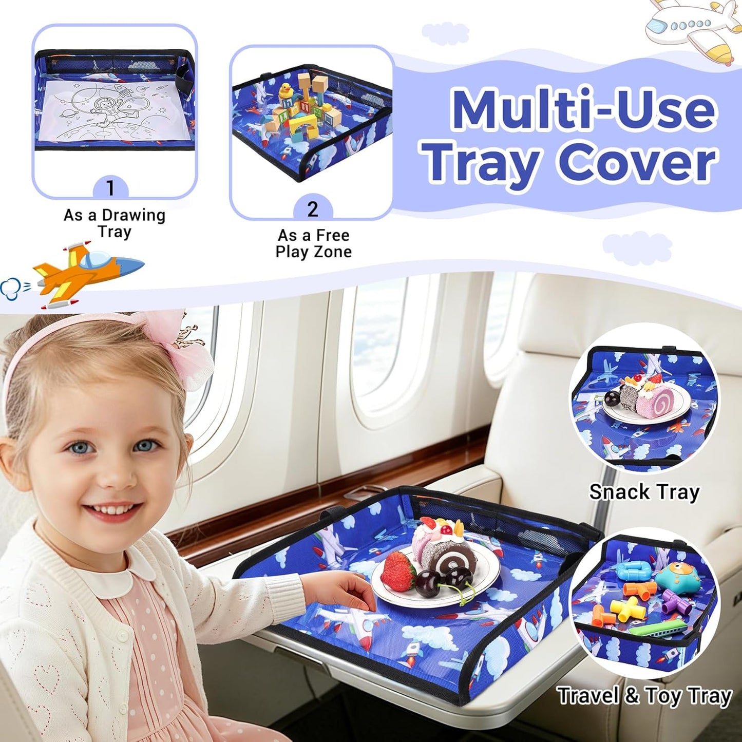 COOLBEBE Airplane Tray Table Cover, Foldable Travel Tray Cover for Toddlers 1-3, Universal Fit for Airplane, Car Seat, High Chair, Machine Washable, Portable, Blue Plane