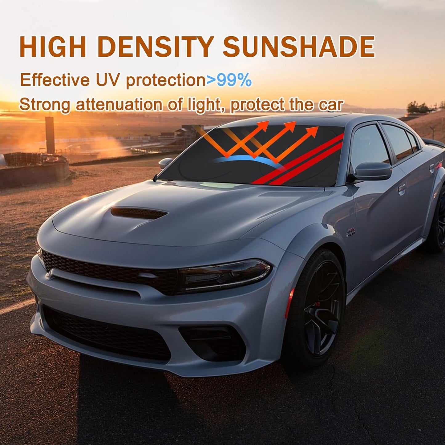 Front Windshield Sun Shade Fit for Dodge Charger Challenger Durango Journey Universal Fit to All Dodge Cars Foldable Sun Visor Protector Custom Fit Dodge Window Sunhade (Black)