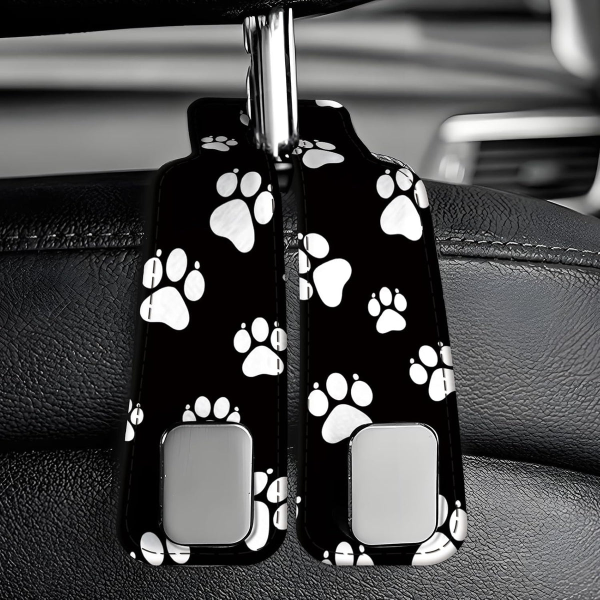Car Seat Back Storage Headrest Hook, Premium Leather Double Metal Hook, Hanger Storage Organizer for Purse Cloth Bag, Car Interior Accessories Black White Dog Paws