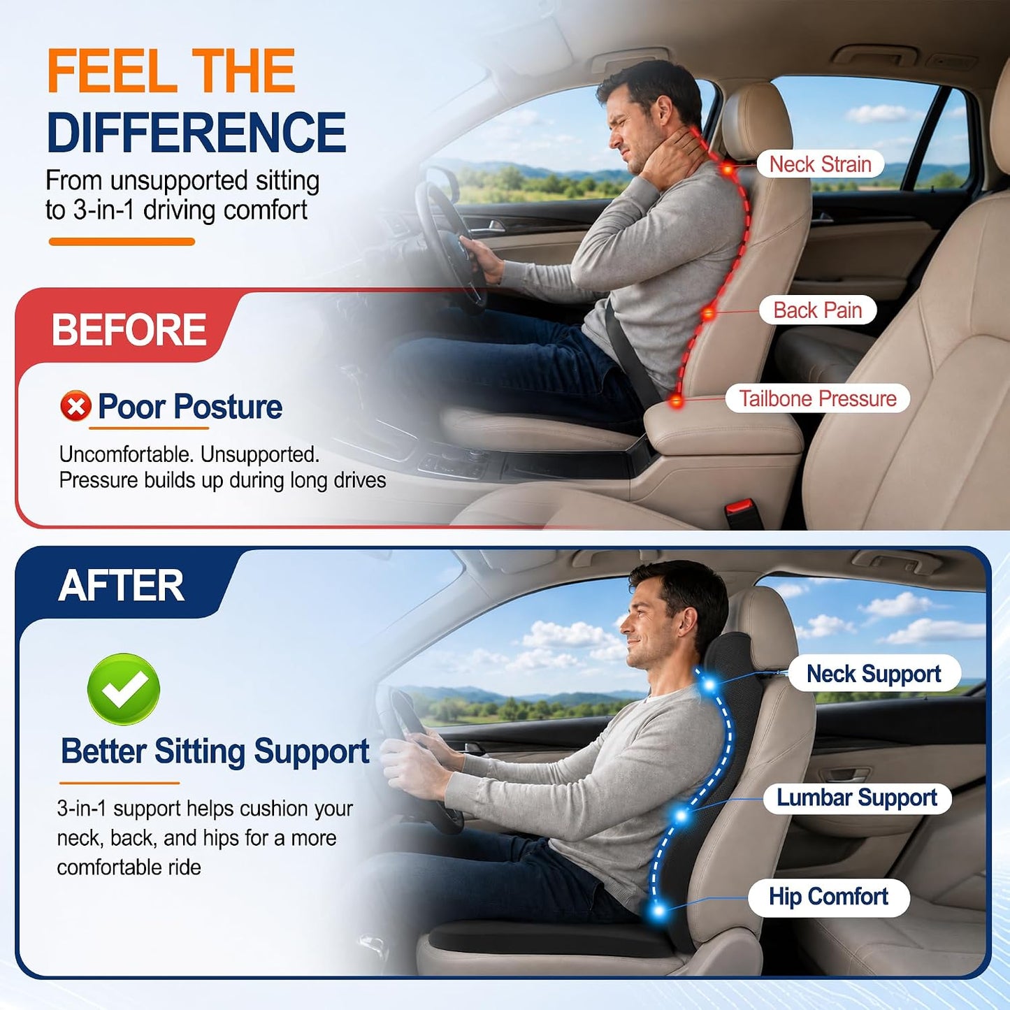 Allaboutsla 2 Piece Car Seat Cushion, Back Support with Car Headrest Pillow | 3-in-1 Memory Foam Car Seat Cushions, Car Lumbar Support with Car Neck Pillow, Seat Support for Long Driving, Trucks, Black