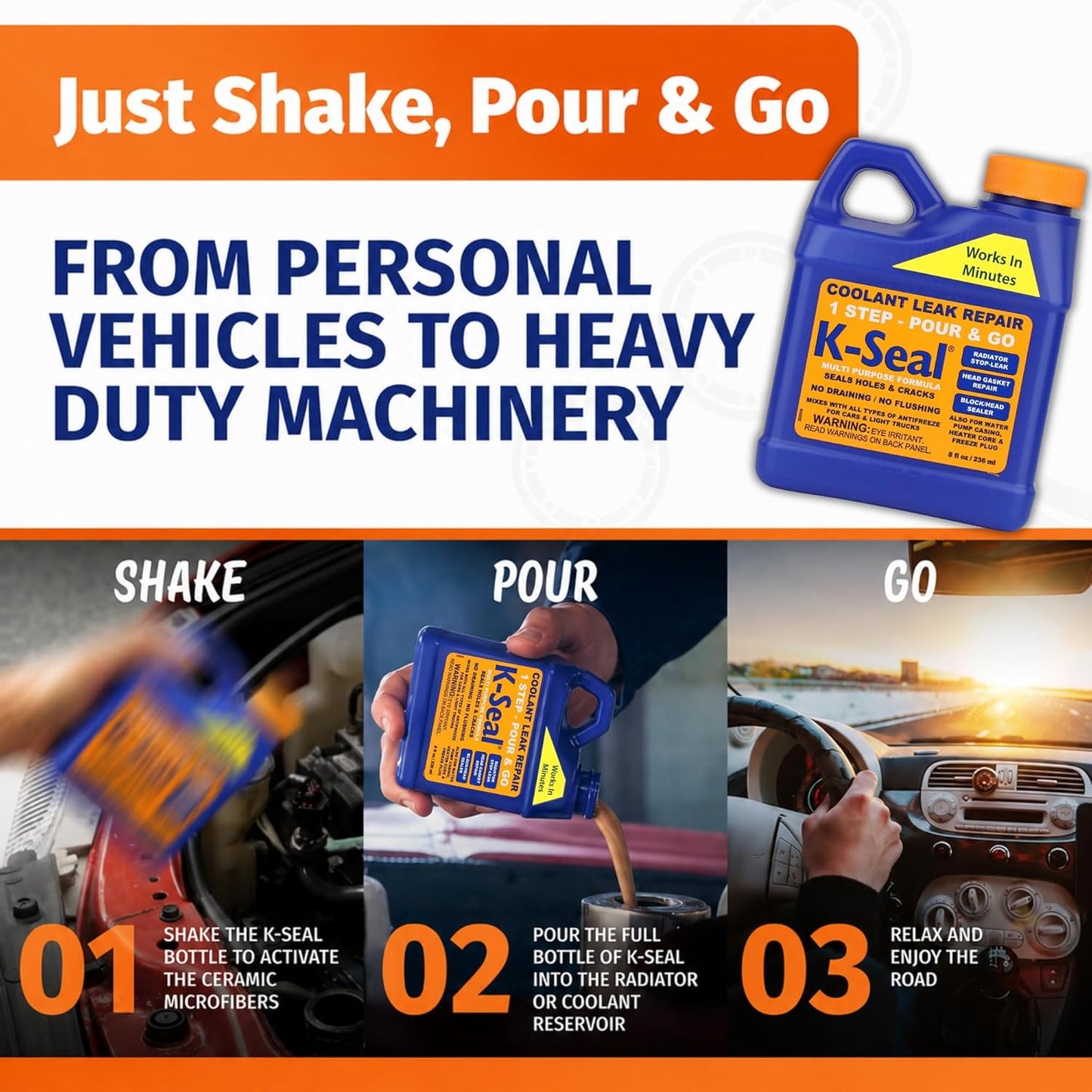 K-Seal ST5501 Multi-Purpose One Step Coolant Leak Repair, 8oz, Pour and Go, Mixes with All Antifreeze, No Flushing Required