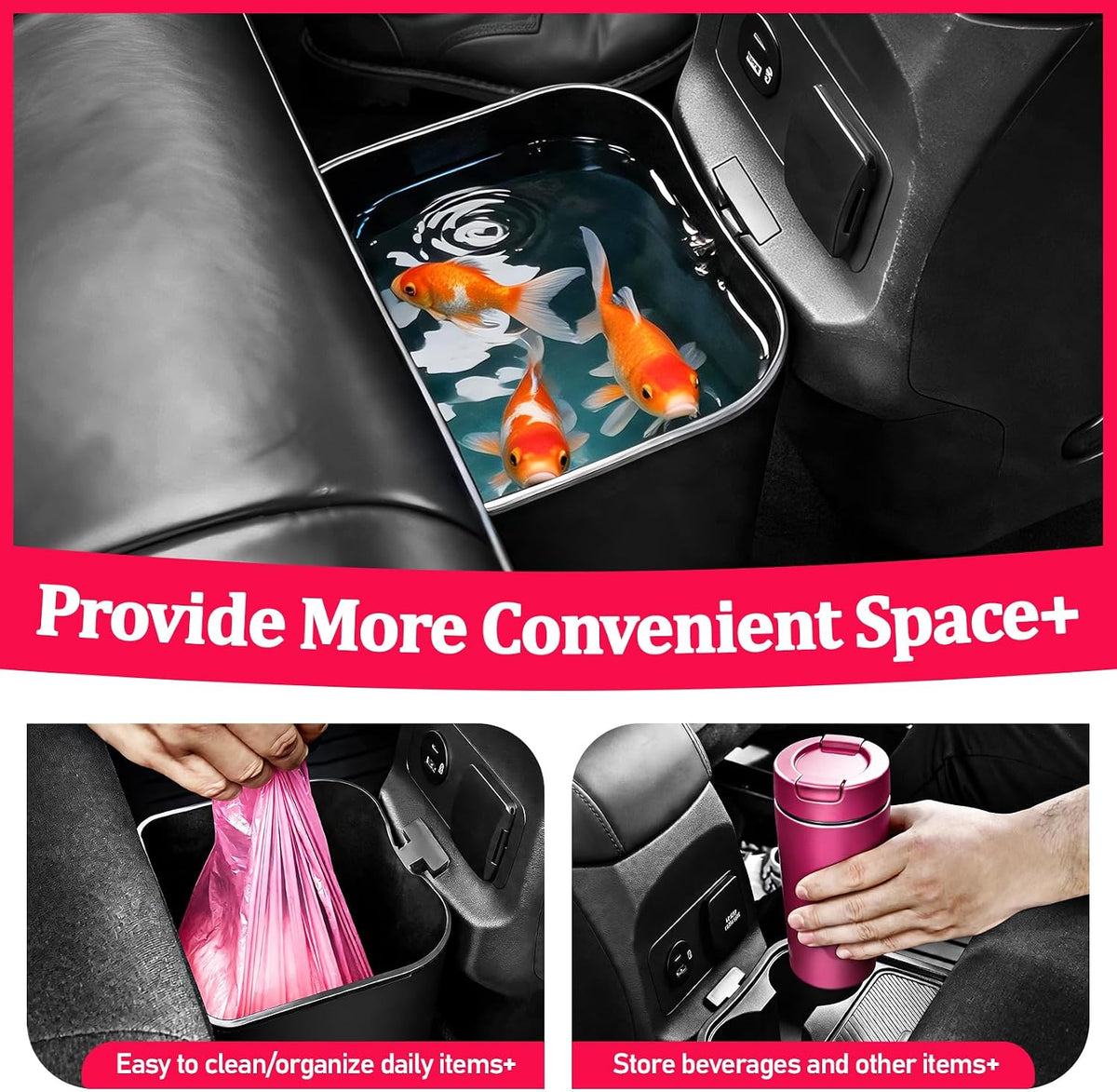 Upgraded Trash Can for Ford Maverick 2022-2026, Rear Seat Bin with Dual Cup Holder Compatible with Maverick Interior Accessories, Multi-Function Insert Expander Storage Box Organizer