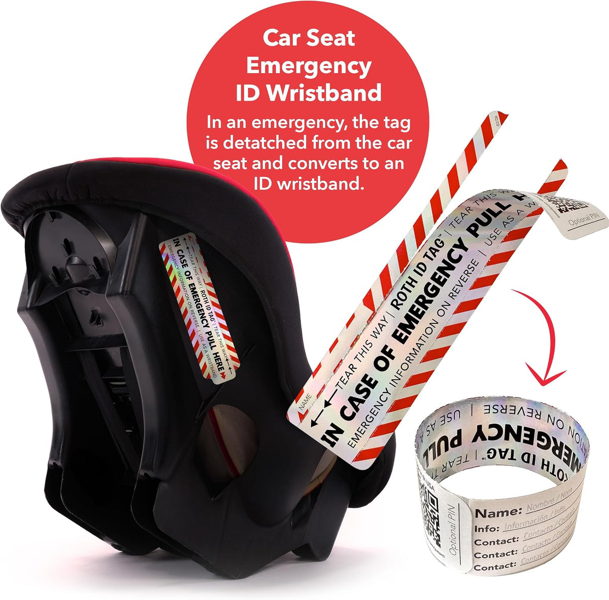 Emergency Contact Identification System for Car Seats, Booster Seats, Baby Gear | Family ROTH ID TAG Kit (6 Tags)