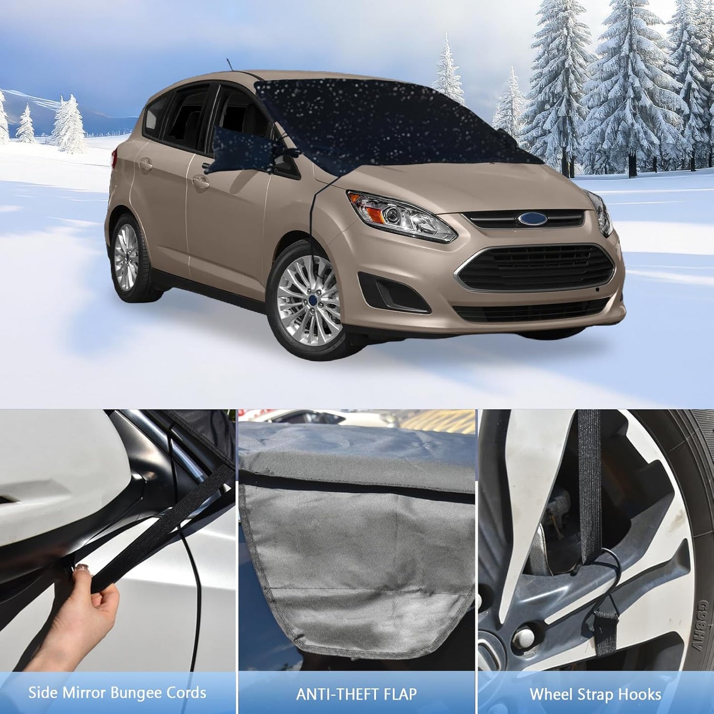 Windshield Snow Cover for Ford C-Max 2013-2018, Waterproof 2-Layer Oxford Fabric Winter Frost and Ice Removal with Side Mirror Covers, Winter Accessories Freeze Protector for Auto Car SUV