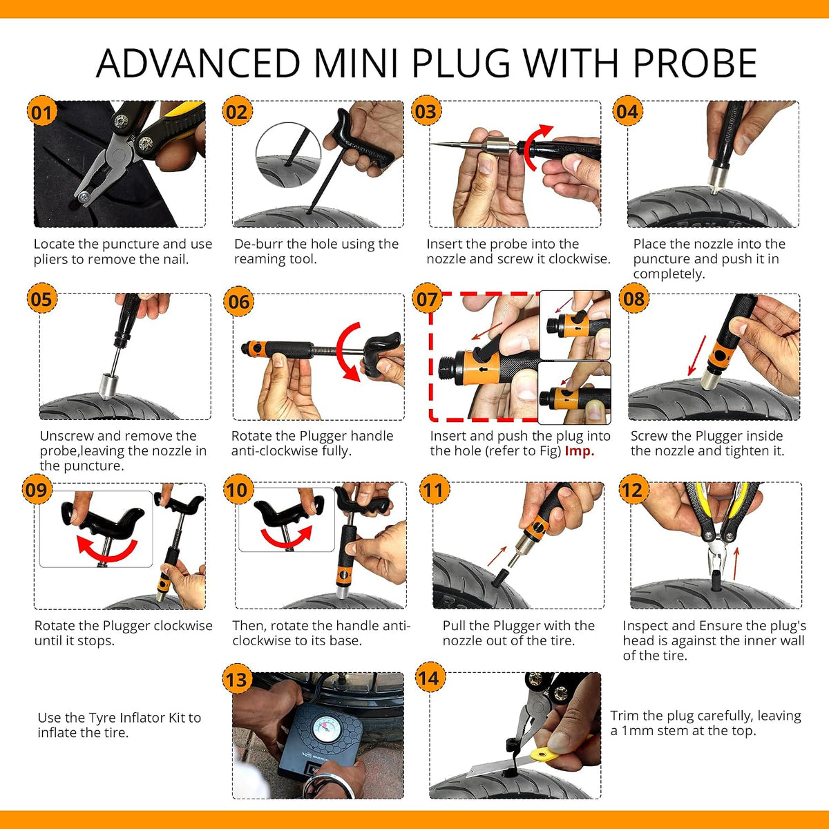 GRAND PITSTOP 21 Pcs Tubeless Tire Plugger Repair Kit with Multi-funcional Plier for Punctures and Flats on Cars, Motorcycles, ATV, RV, SUV, Trailer, Trucks & Tractors (15 Mushroom Plugs)