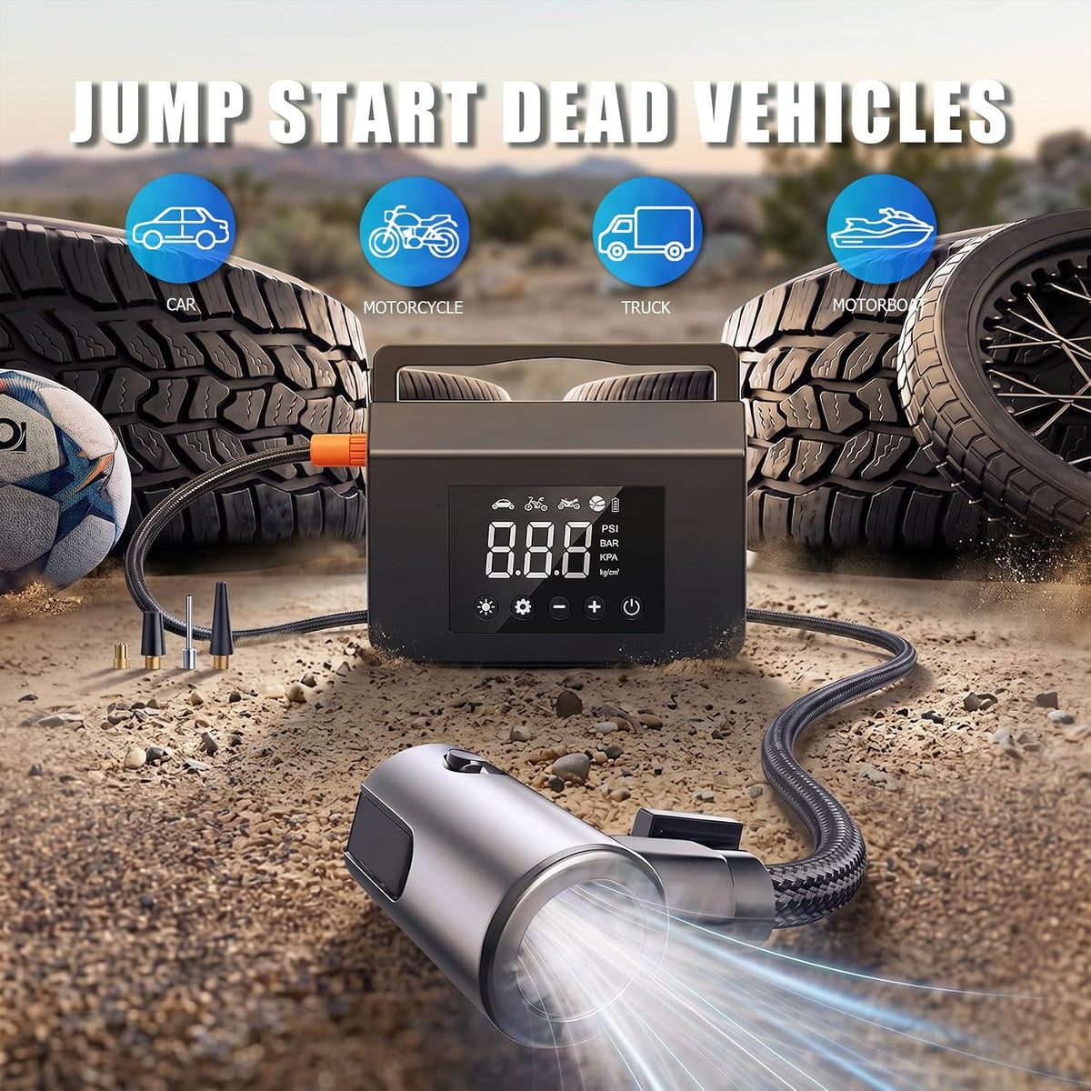 Tire Inflator Portable Air Compressor, 150PSI Car Battery Jump Starter Kit