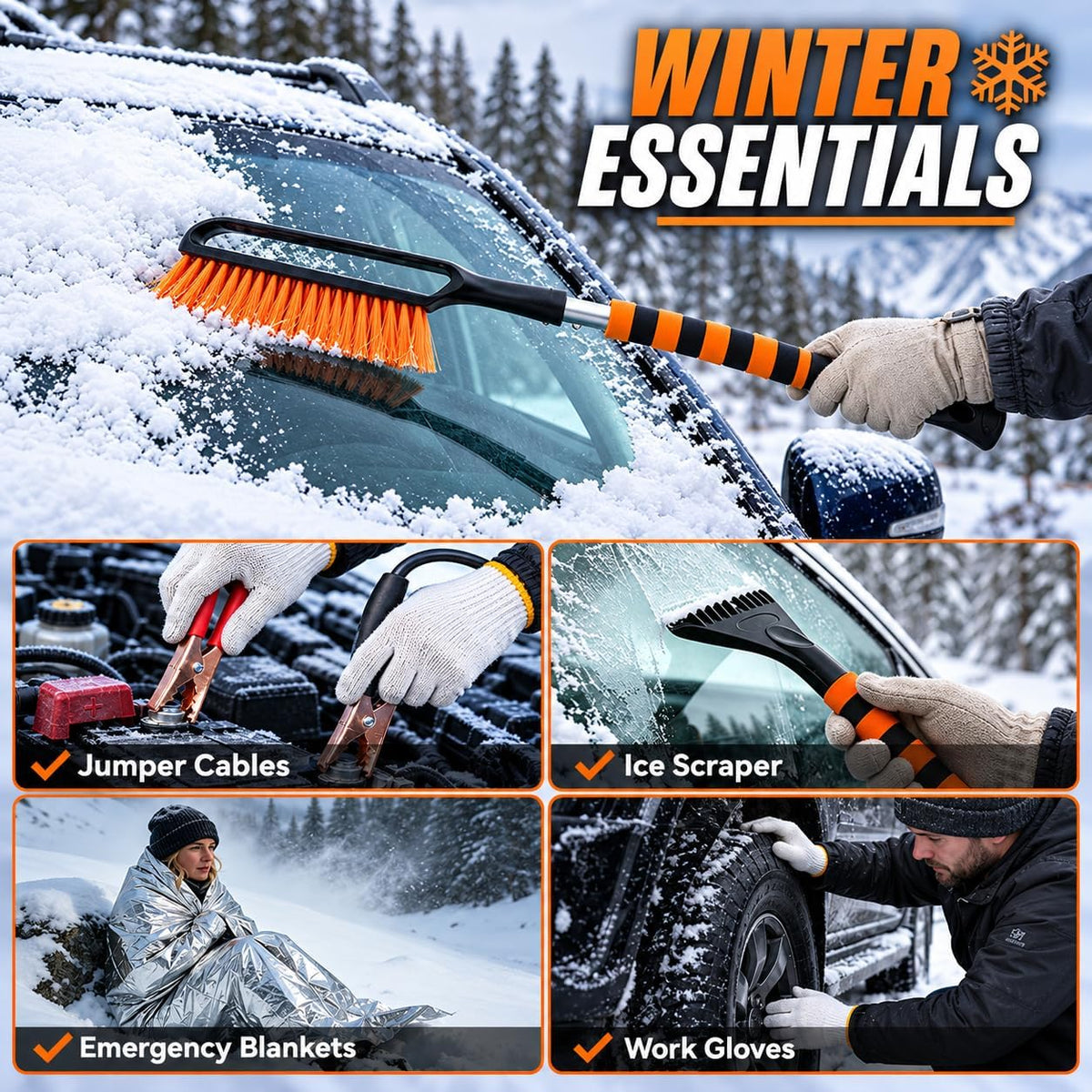 Winter Car Emergency Kit with Jumper Cables, 2-in-1 Detachable Snow Brush