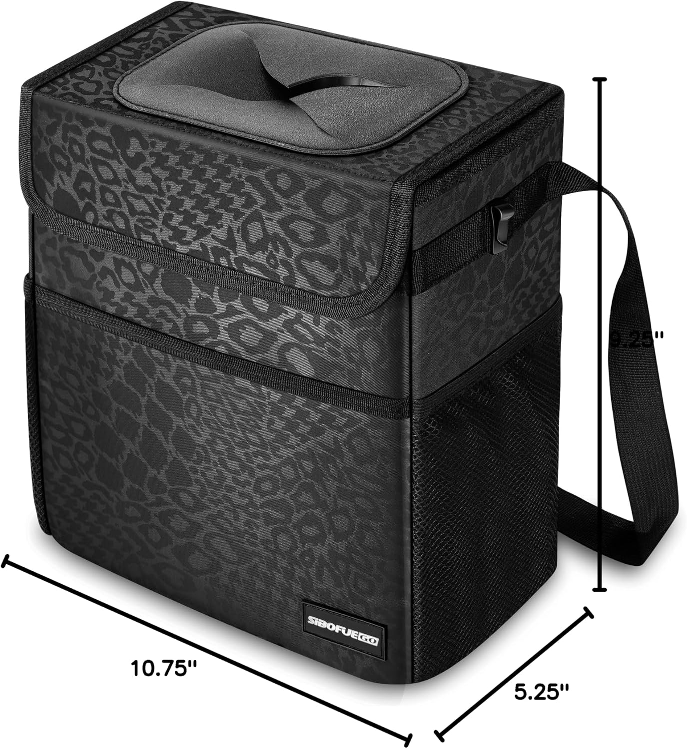 SIBOFUEGO Cute Car Trash Can with Lid – Multipurpose Collapsible Trash Bin for Car, Leak-Proof Organizer, Waterproof Garbage Can with Storage Pockets & Adjustable Straps, 2 Gallons (Black Leopard)