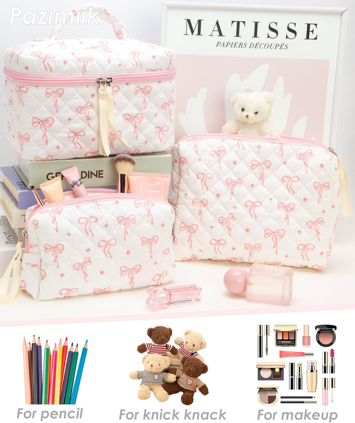 3 Piece Quilted Makeup Bag Set for Women,Cosmetic&Toiletry Bag,Bow Pink
