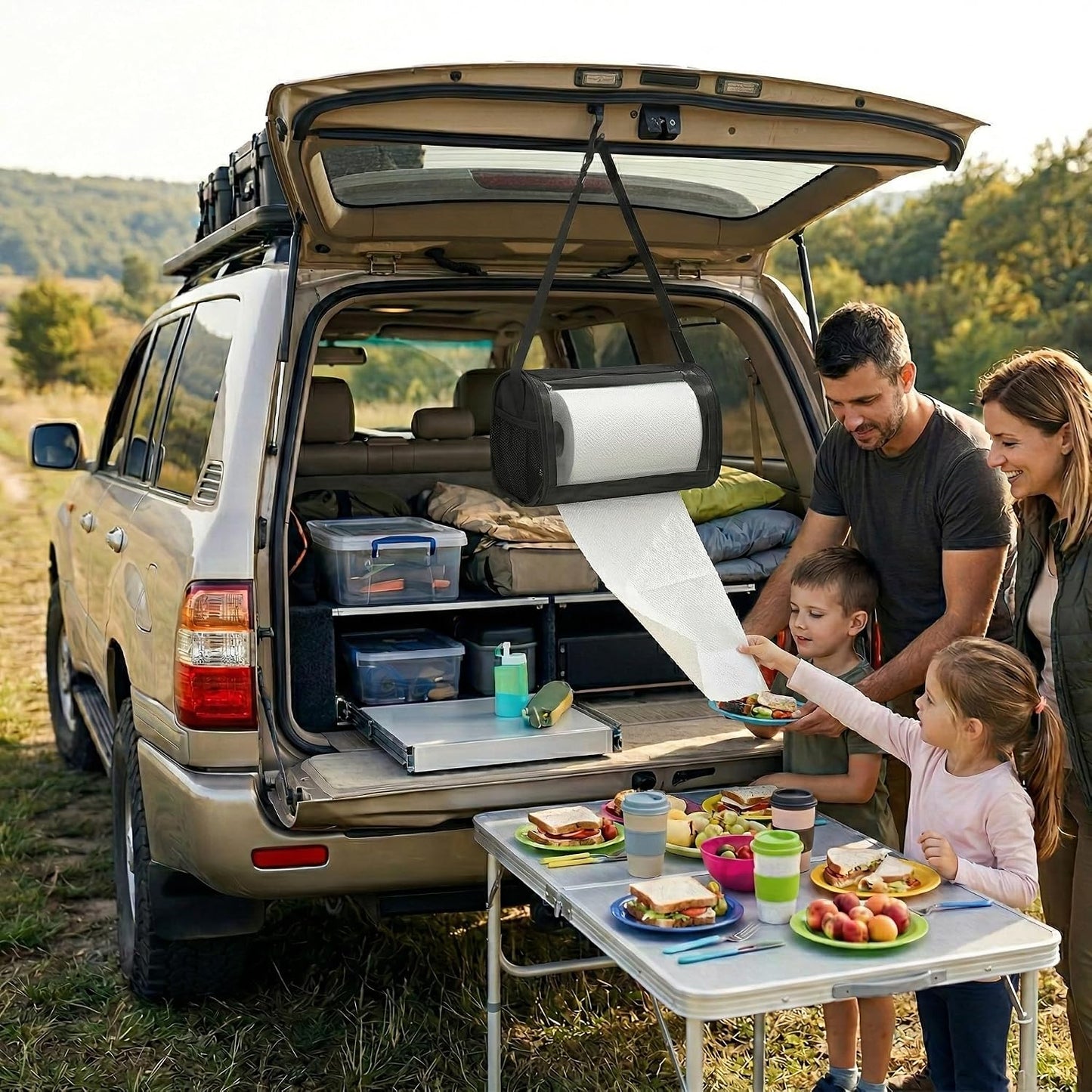 Portable Car Paper Towel Holder: Water-Resistant Toilet Paper Dispenser | No-Drill Over-the-Door Towel Roll Organizer, Multi Use for RV, BBQ, Camper, Boat, Garage, Kitchen Cabinets & Outdoor Fences
