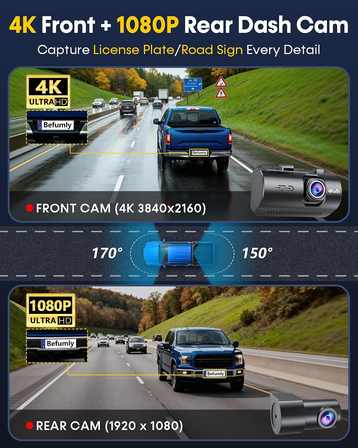 Front and Rear Dash Cam for Truck: 4K+1080P Dual Dash Camera for Pickup Ford F150 F250 Ram 1500-5G WiFi Quick Video Access 15-Min Install Record Every Moment for Accident Evidence by Befumly