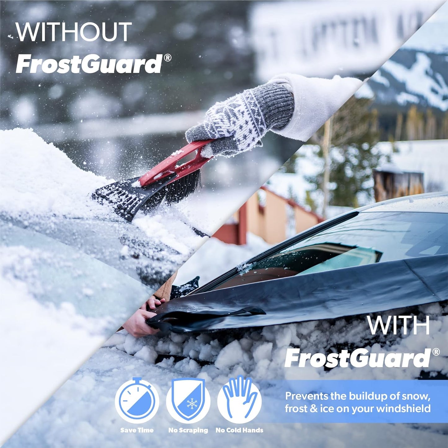 FrostGuard Plus | Winter Windshield Cover for Ice and Snow, XL Size (Black) - Built-in Security Panels, Wiper Blade Coverage + Mirror Covers - Fits XL Size Cars, Trucks and SUVs, 68 x 41 Inches