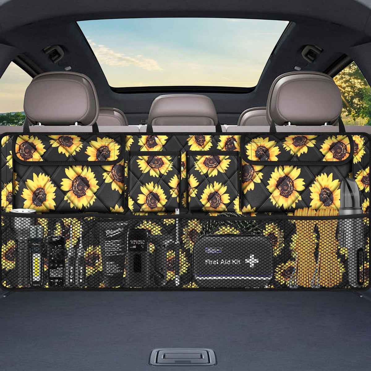 Femuar Car Trunk Organizer,Large Capacity Backseat Organizer(42 in*18 in),Collapsible Storage Bag with 8 Pocekt,Car Organizer for SUV/MPV/Truck - Sunflower TLAG-0114