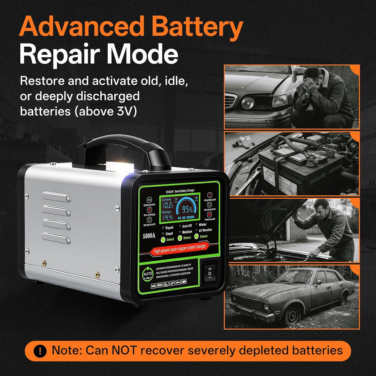 24V 12V Car Battery Charger Heavy Duty Trickle Charger for Car Battery 0-15A Smart Automotive Lead-Acid Battery Maintainer with Auto Off/Repair/Winter Modes LCD Display for Car Truck Boat Motorcycle
