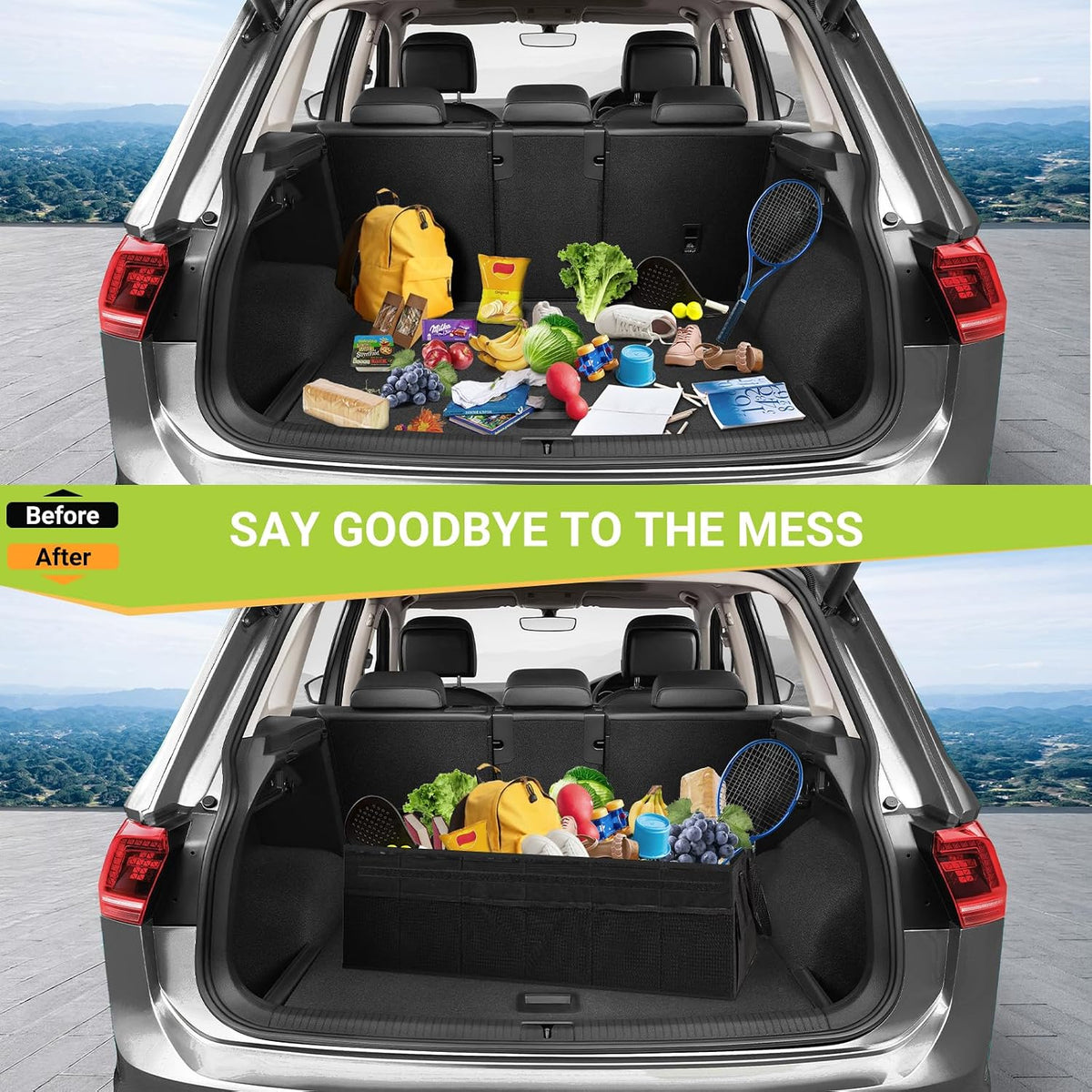 MIU COLOR Trunk Organizer with Lid, 72L Large Capacity Car Organizer, 12 Pockets with Non-Slip Bottom, Collapsible 3 Compartments Car Storage Organizer for Suv/Jeep/Sedan/Van/Grocery, Black