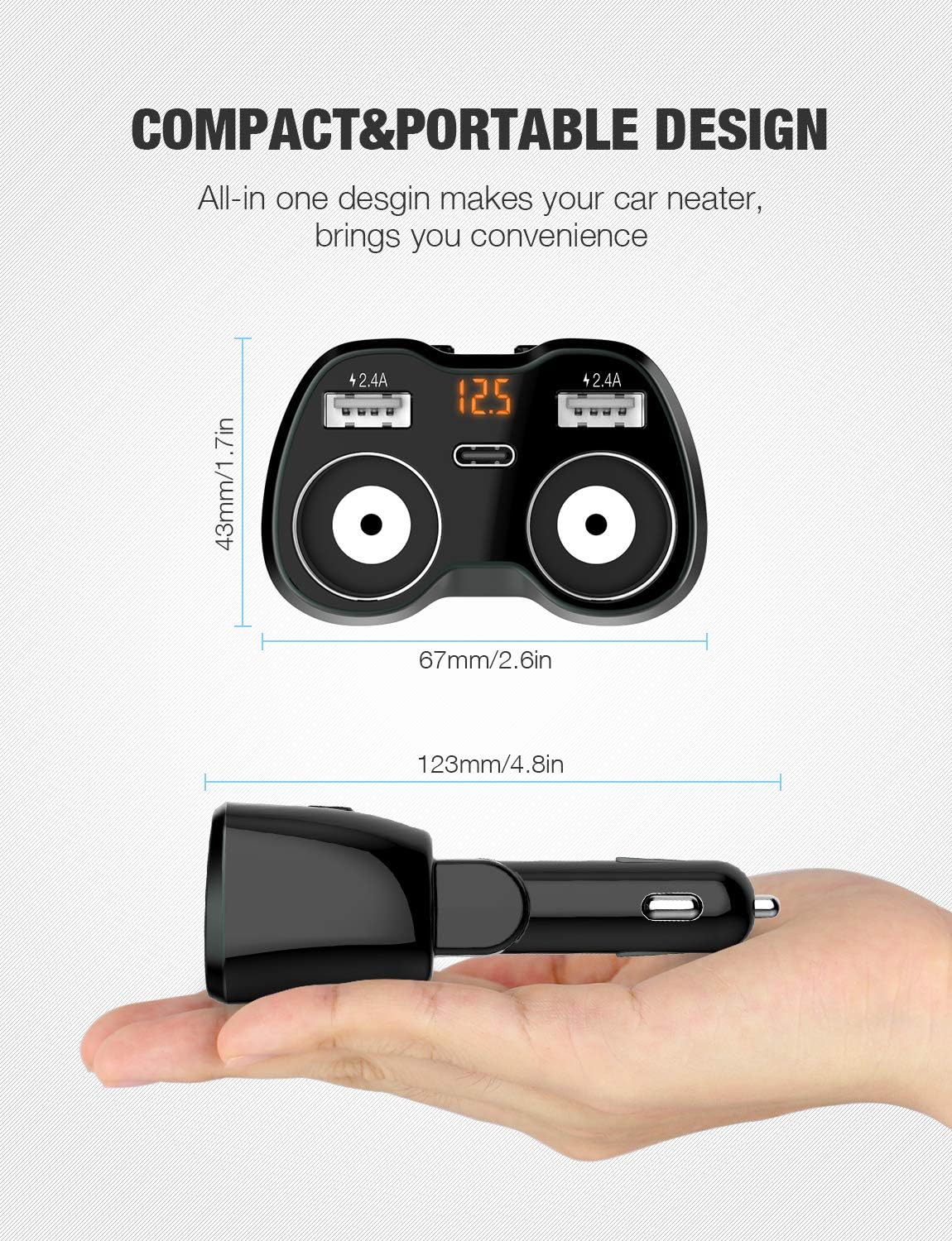 Otium USB C Car Charger, 2 Sockets Cigarette Lighter Splitter 12/24V 80W Dual USB Type-C Ports Separate Switch LED Voltage Display Built-in Replaceable 10A Fuse Compatible Mobile Phone GPS Dash Cam