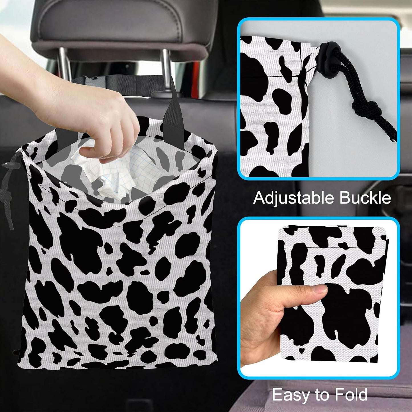 Car Trash Bag Cow Texture Car Garbage Bag Hanging Car Trash Can for Back Seat with Drawstring, Waterproof Garbage Bags for Accessories Vehicle Travelling Camping Outdoor