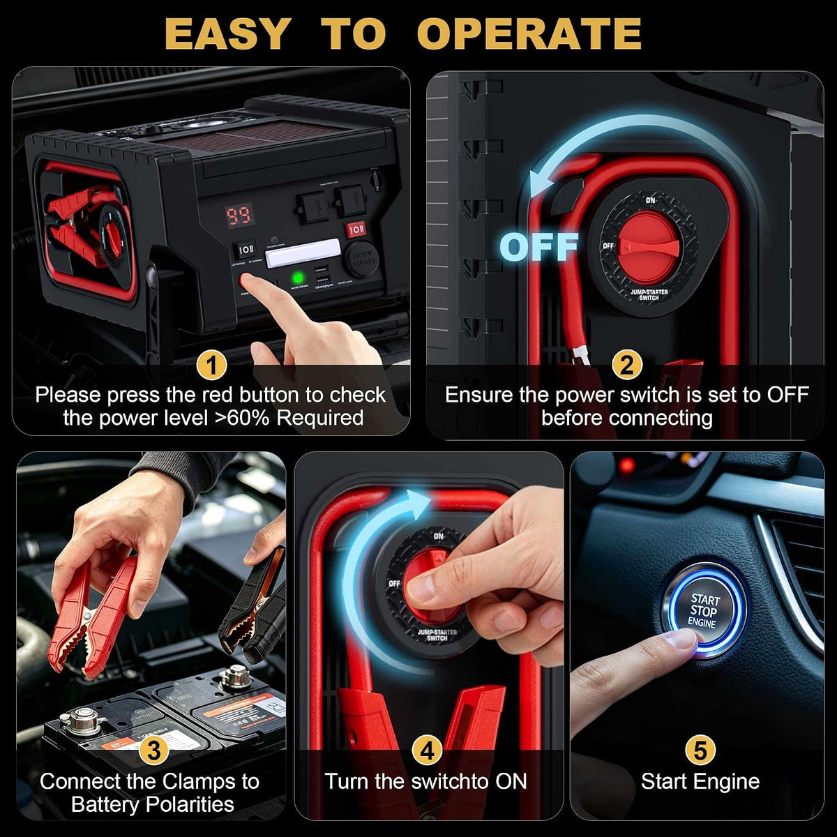 2000A Peak Heavy-Duty Jump Starter with 260 PSI Air Compressor, 12V Jump Box for Cars, Trucks & SUVs, Up to 8.0L Gas or Diesel Engines, 20,000mAh Power Pack, USB/DC Ports & 400-Lumen LED Light