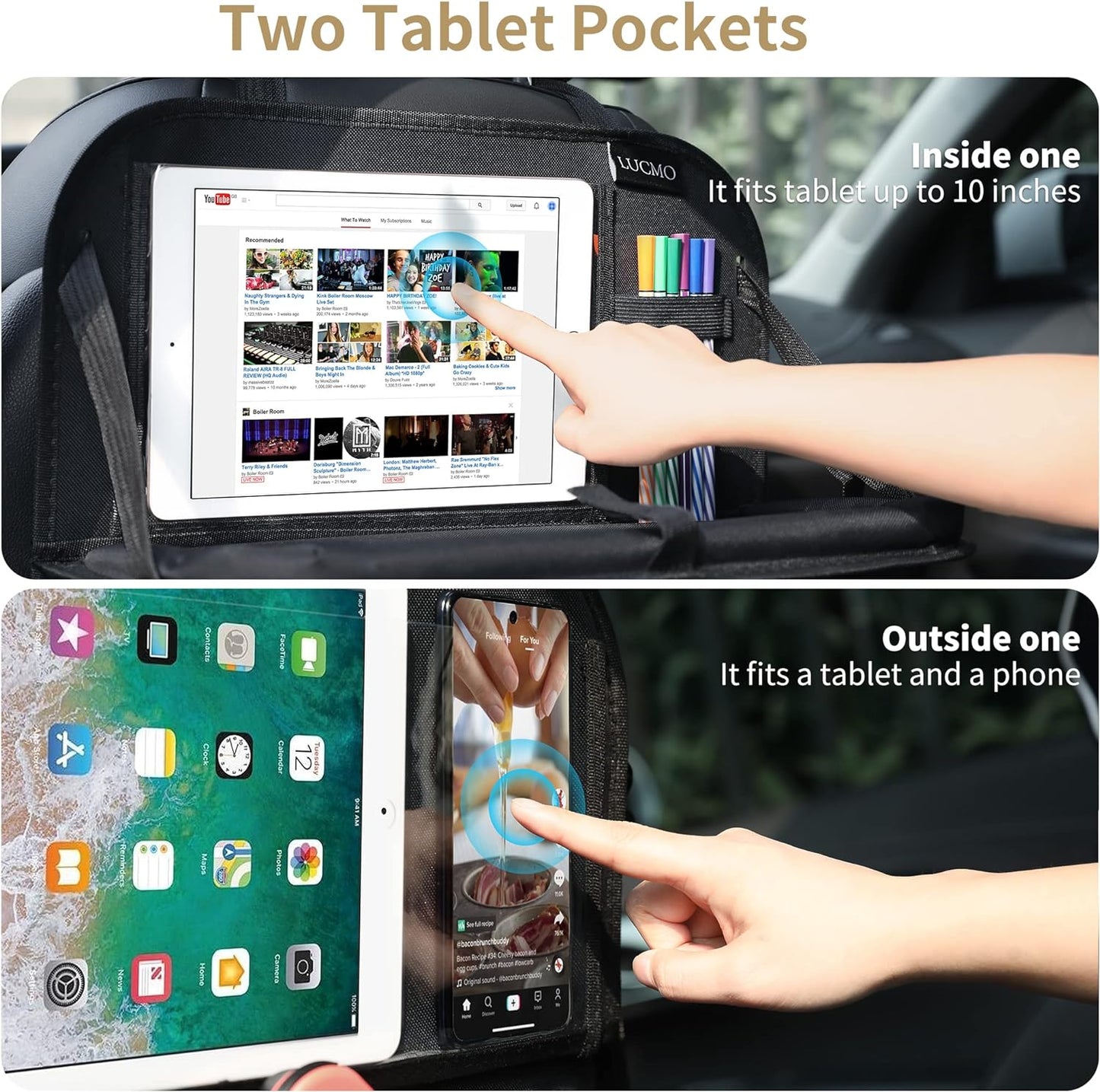 LUCMO Car Backseat Organizer with Foldable Tablet Holder, Black | 6 Storage Pockets,Foldable Food Tray,Protectors Kick Mats,Travel Accessories,Seat Cover,Road Trip Essentials