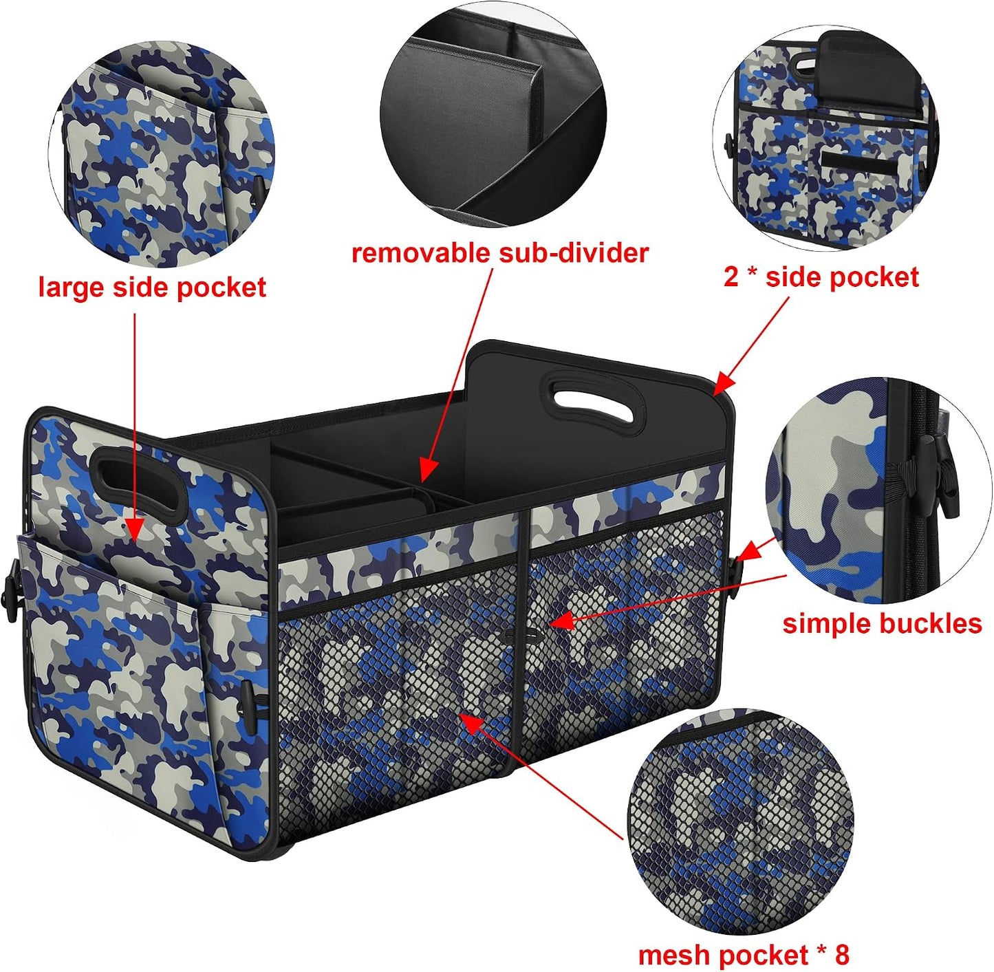 Femuar Car Trunk Organizer with 72L Large Capacity Waterproof Collapsible and 11 Pockets, Trunk Organizer for Car SUV/Jeep/Sedan, Large Size, Blue Camouflage