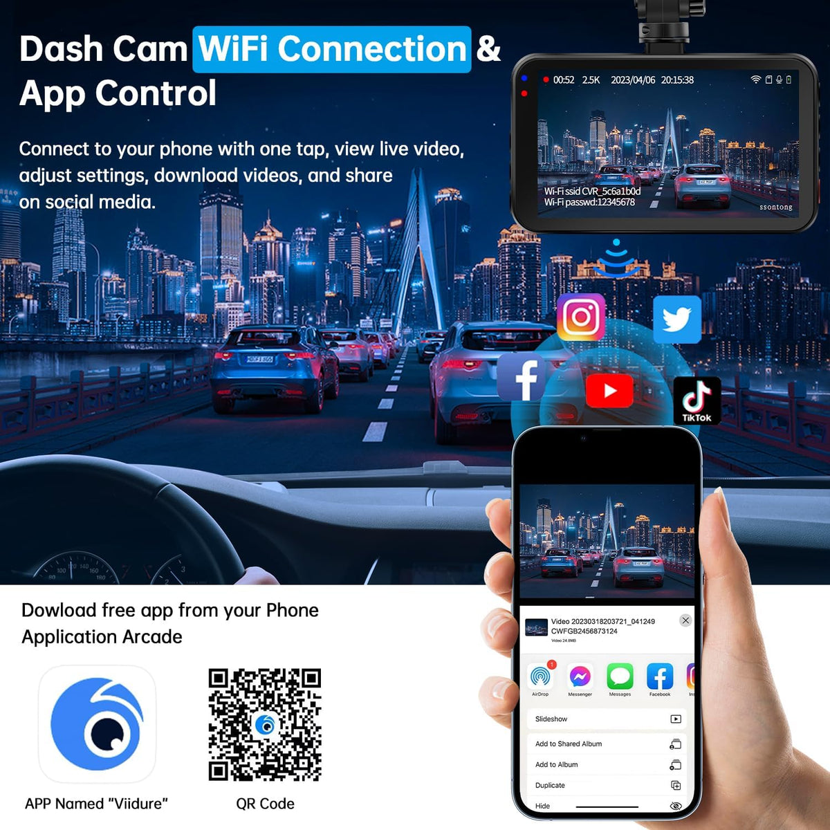 Dash Cam Front and Rear, 2.5K Front 1080P Rear WiFi App Control w/64GB Card