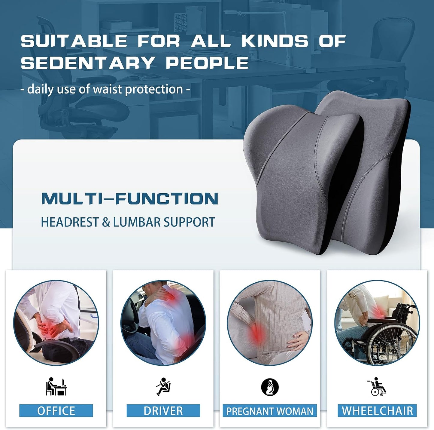 Car Seat Lumber Support Pillow&amp;Neck Pillow Kit,Ergonomic Memery Foam Neck Pillow and Back Cushion for Back Pain Relief,Comfort for Car,Office