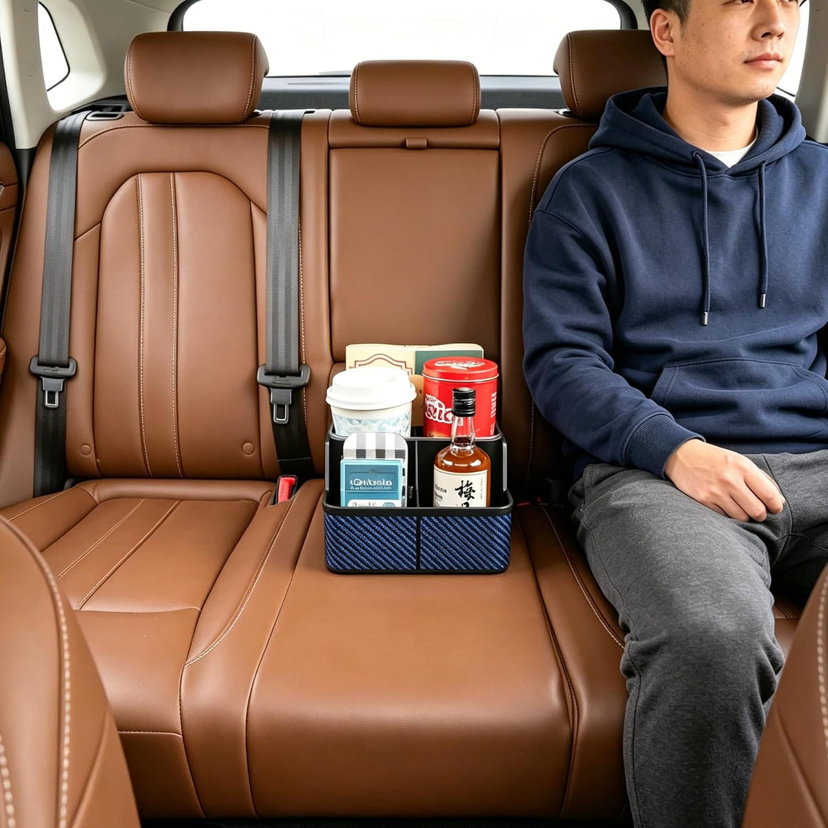 Car Front Seat Organizer with Compartment,Center Console Armrest Storage Box,Car Seat Cup Holder Tray,Back Seat Small Caddy,Car Organizer and Storage with Non-Slip Pat,fit for Truck,SUV,Van (Blue)