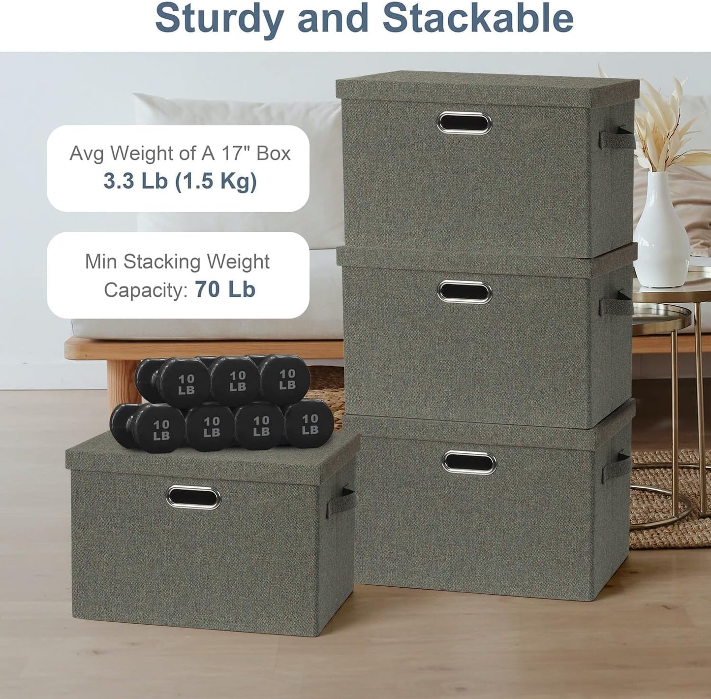 Graciadeco Large 17" 36 Quart Collapsible Stackable Storage Bins with Lids, 3 Packs Dark green Foldable Fabric Closet Storage Boxes with Lids, Heavy-duty Linen Cube Baskets(17x12x11)