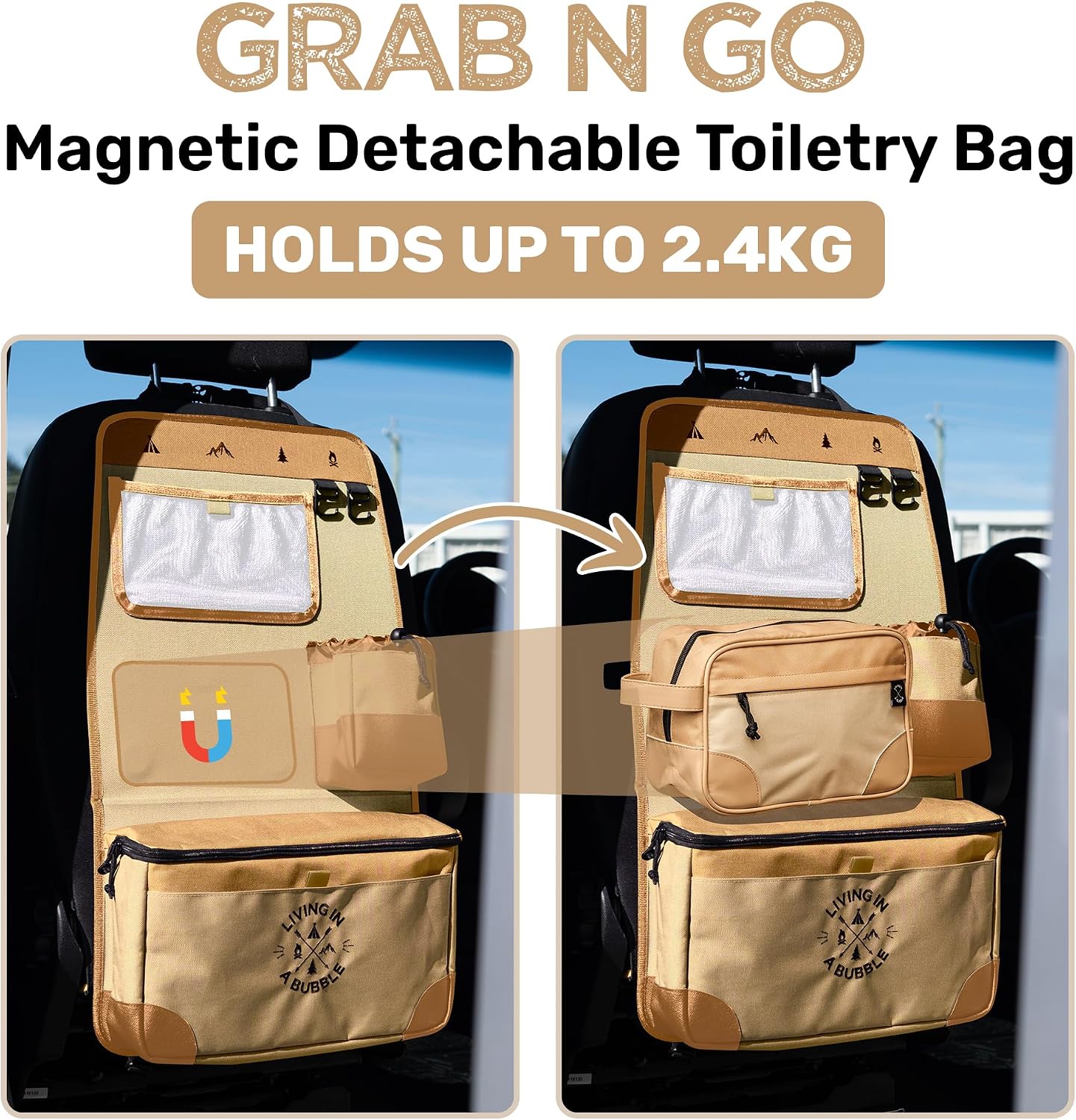 Living in a Bubble Seat back Organizer – Magnetic Toiletry and Cooler Pouch, Cordura Car Backseat Storage with Device Holder & Hooks, Multi-Compartment Utility Bag for Campervans & Family Travel