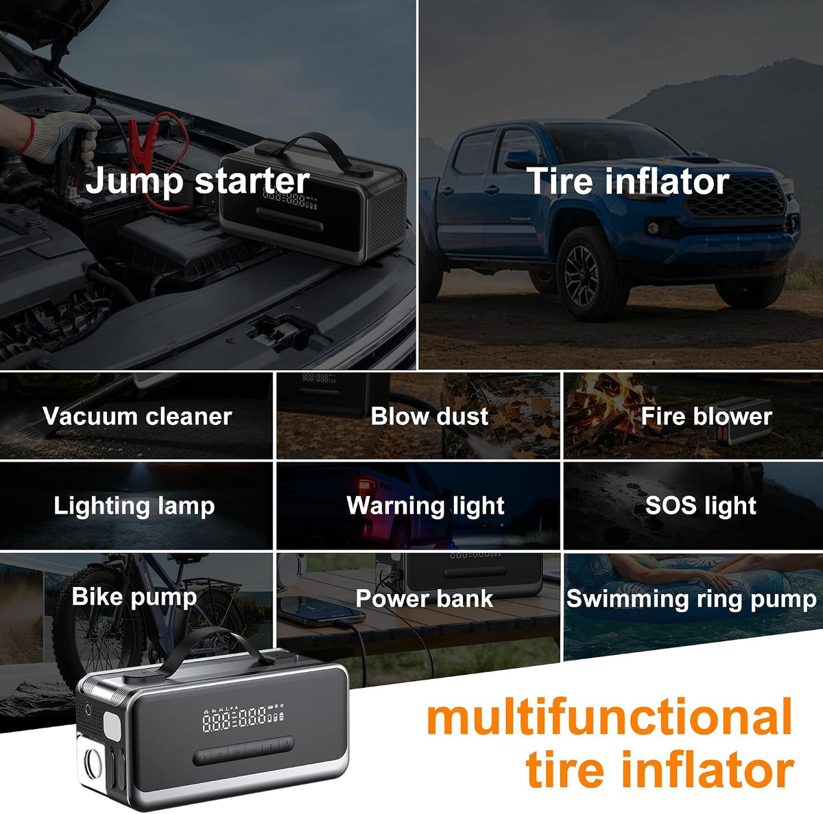 Tire Inflator Portable Air Compressor with Jump Starter, Air Pump for Car