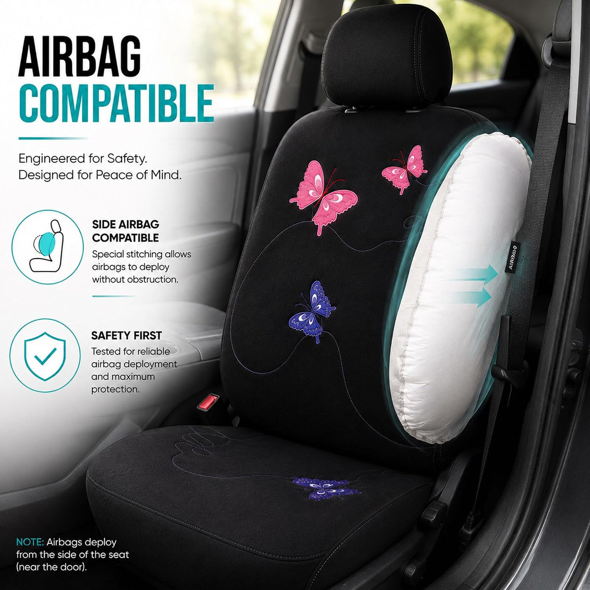 FH Group Full Set Butterfly Cloth Car Seat Covers - Universal Fit, Low Back Front Seat Covers, Solid Back Seat Cover, Washable Seat Cover for SUV, Sedan, Van, Black