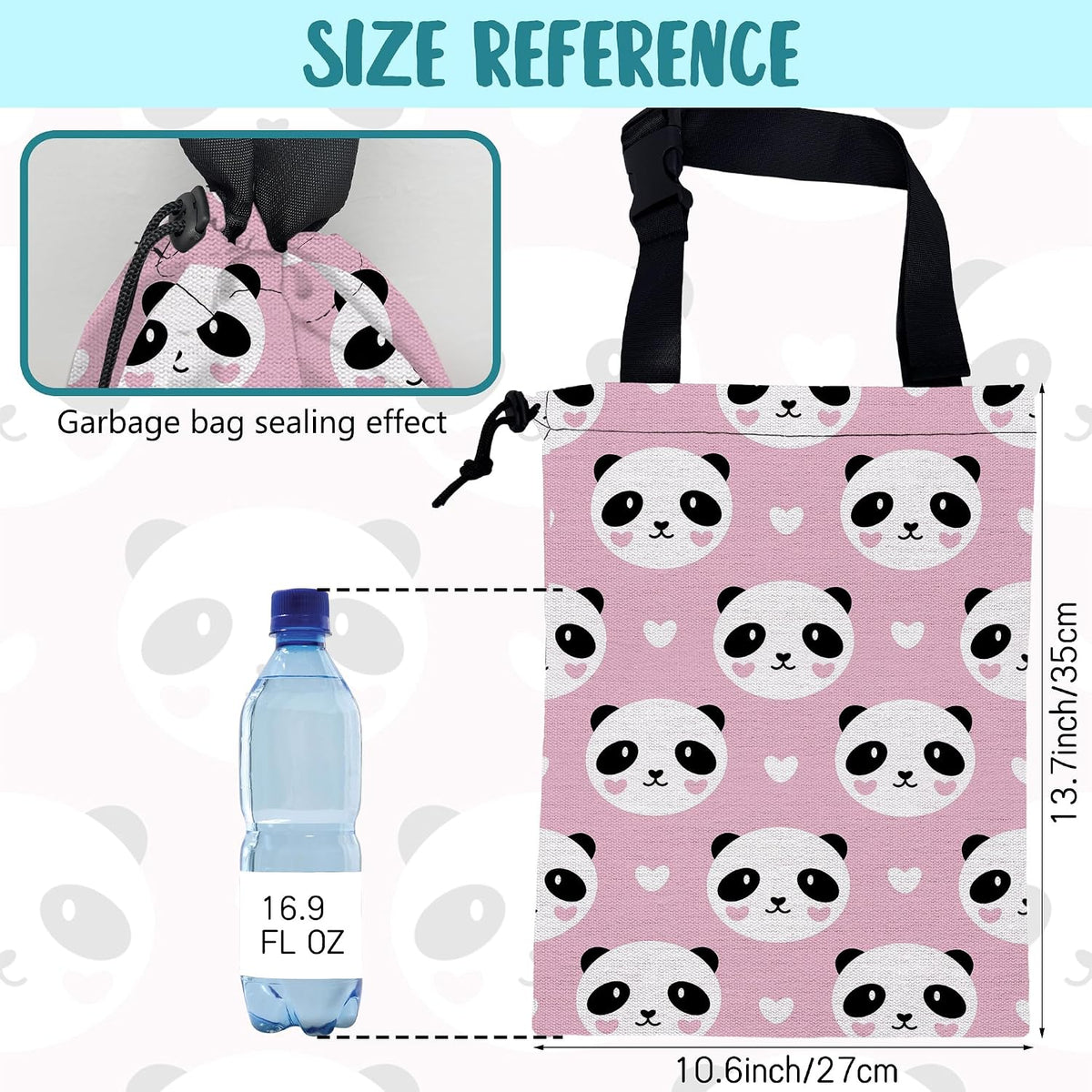 Car Garbage Bag Cute Panda and Heart Drawstring Car Trash Bag Hanging for Back Seat with Adjustable Buckle Canvas Vehicle Trash Can Easy-to-Install