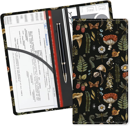 Leather Car Registration and Insurance Card Holder, Cute Car Accessories Vehicle Glove Box Car Organizer for Documents, Cards, License Cute Boho Brown Mushrooms