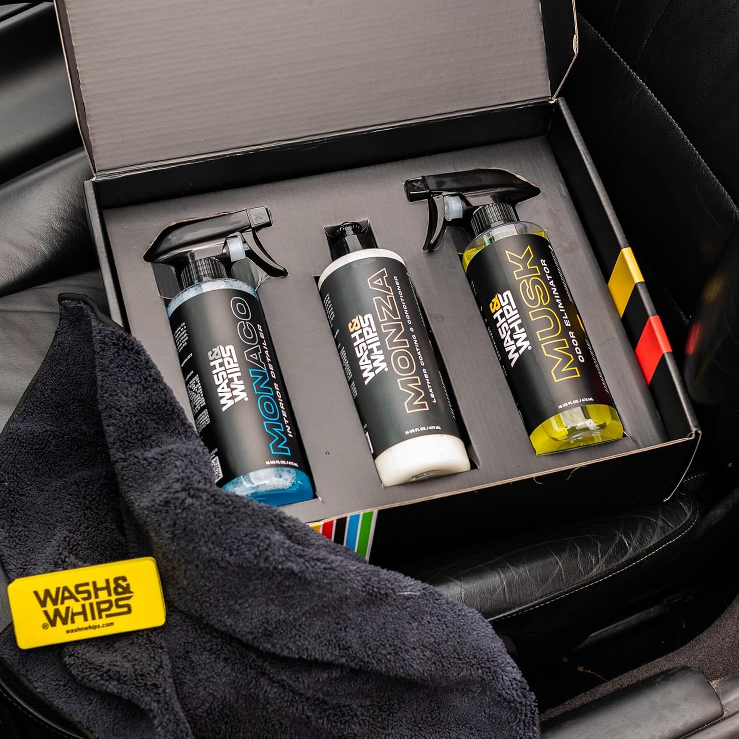 WASH&WHIPS CLEAN - Interior Car Wash Kit (Step 2) – Monaco Interior Cleaner, Musk Odor Eliminator, Monza Leather Conditioner – All-Purpose, Safe for All Surfaces, Effective for a Luxurious Finish