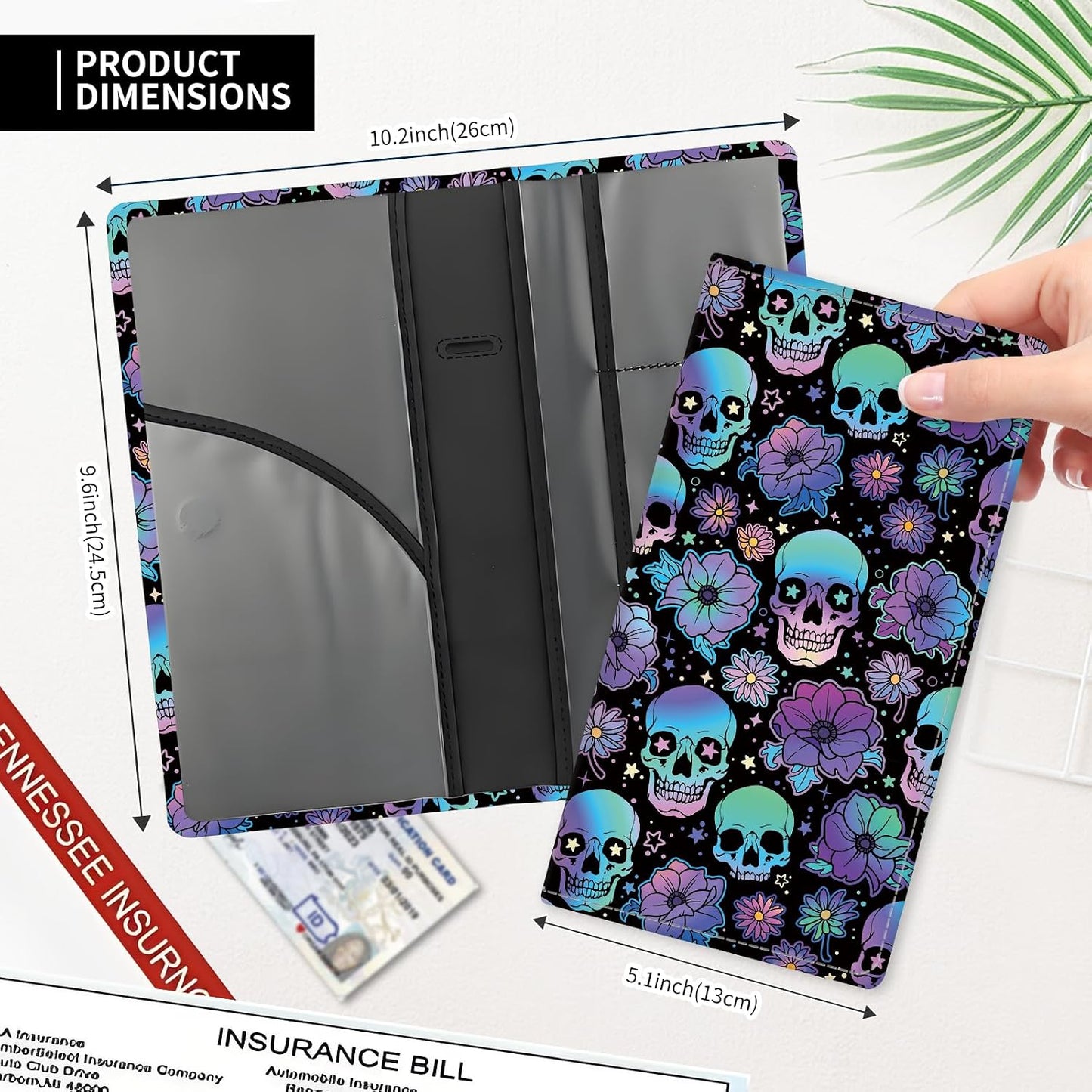 Leather Car Registration and Insurance Card Holder, Cute Car Accessories Vehicle Glove Box Car Organizer for Documents, Cards, License Colorful Skull Floral