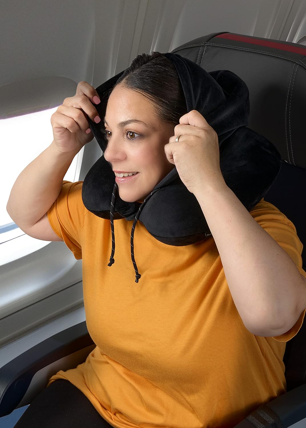 Brookstone Neck Travel Pillow - U-Shaped Memory Foam Hooded Neck Pillow with Snap Closure for Sleeping Airplane Car Travels, Size One Size, Black
