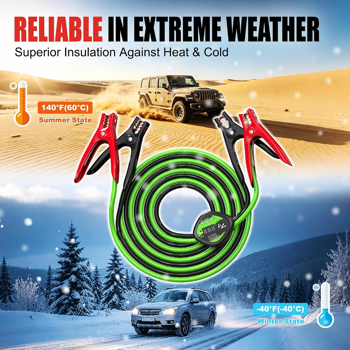 6 Gauge 16 Feet Jumper Cables with Voltage Display,For Cars Truck