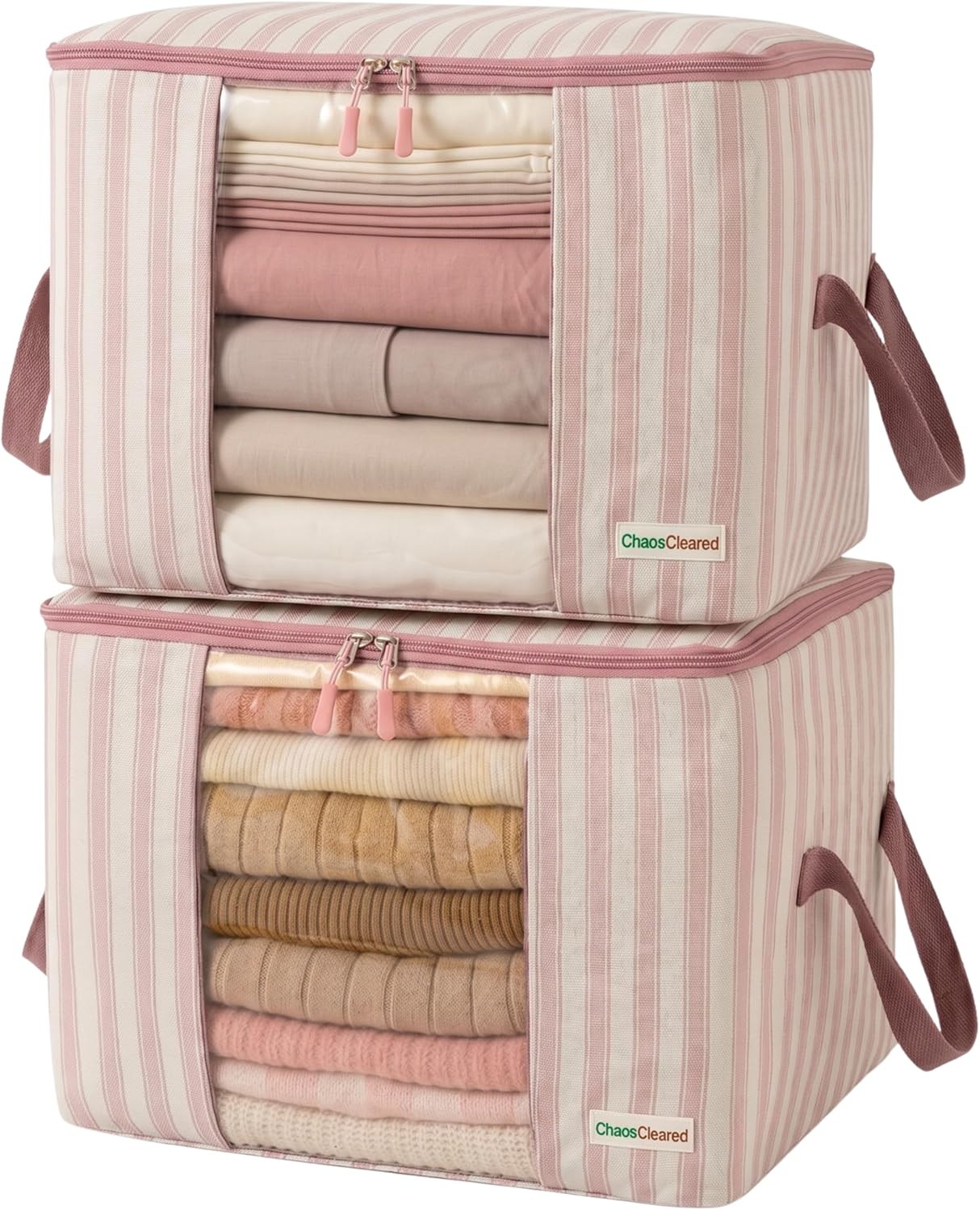 Chaos Cleared Kids Storage Bags – 100% Cotton Canvas Toy & Clothes Organizer with Cute Design – Storage Bin for Stuffed Animals, Baby Items & Clothes with Zipper & Handles (Pink Stripe Print)
