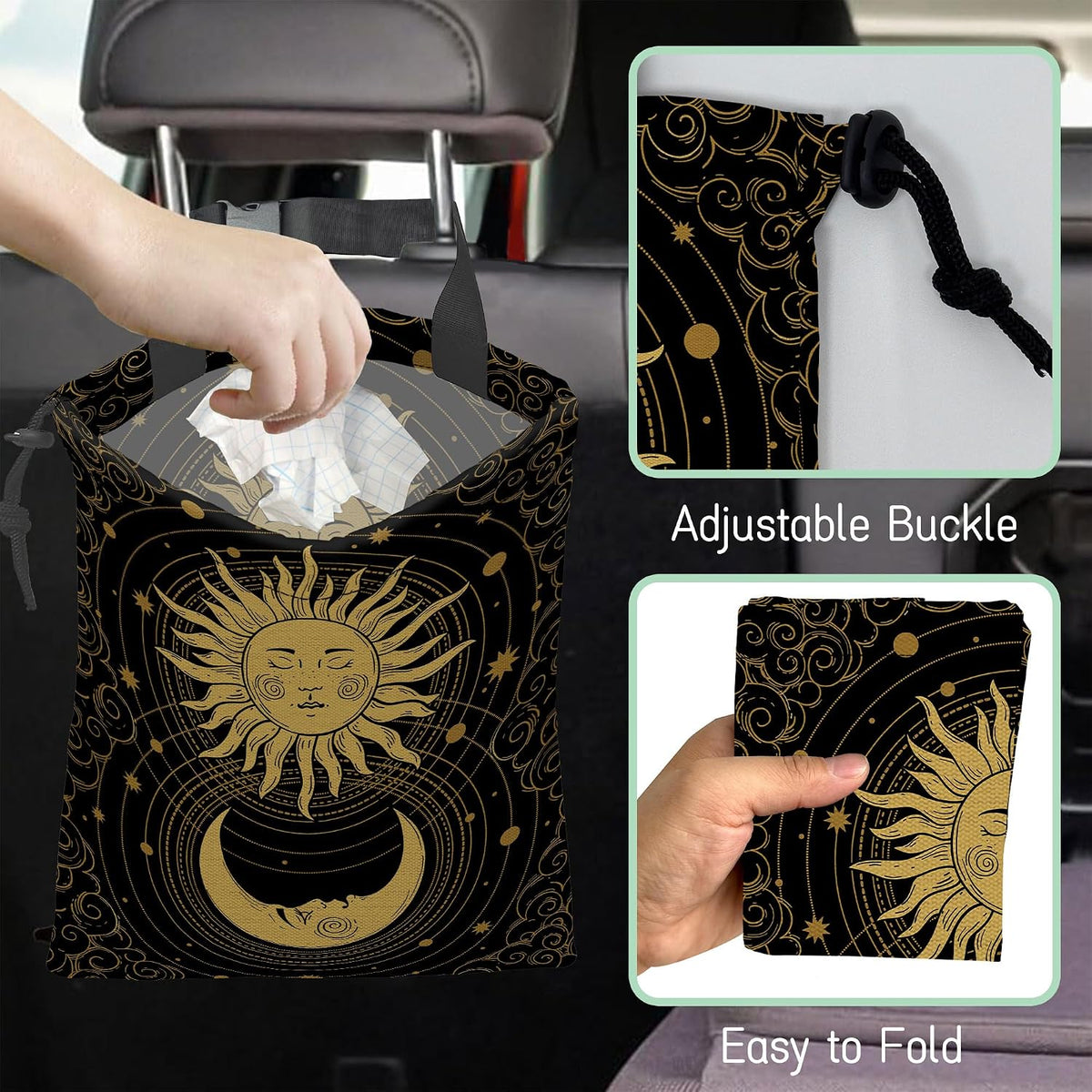 Mystical Sun Car Trash Bag,Golden Crescent Moon Hanging Drawstring Car Garbage Bag,Waterproof Canvas Car Back Seat Organizer with Adjustable Buckle,for Vehicles,SUVs,Camping,Road Trips