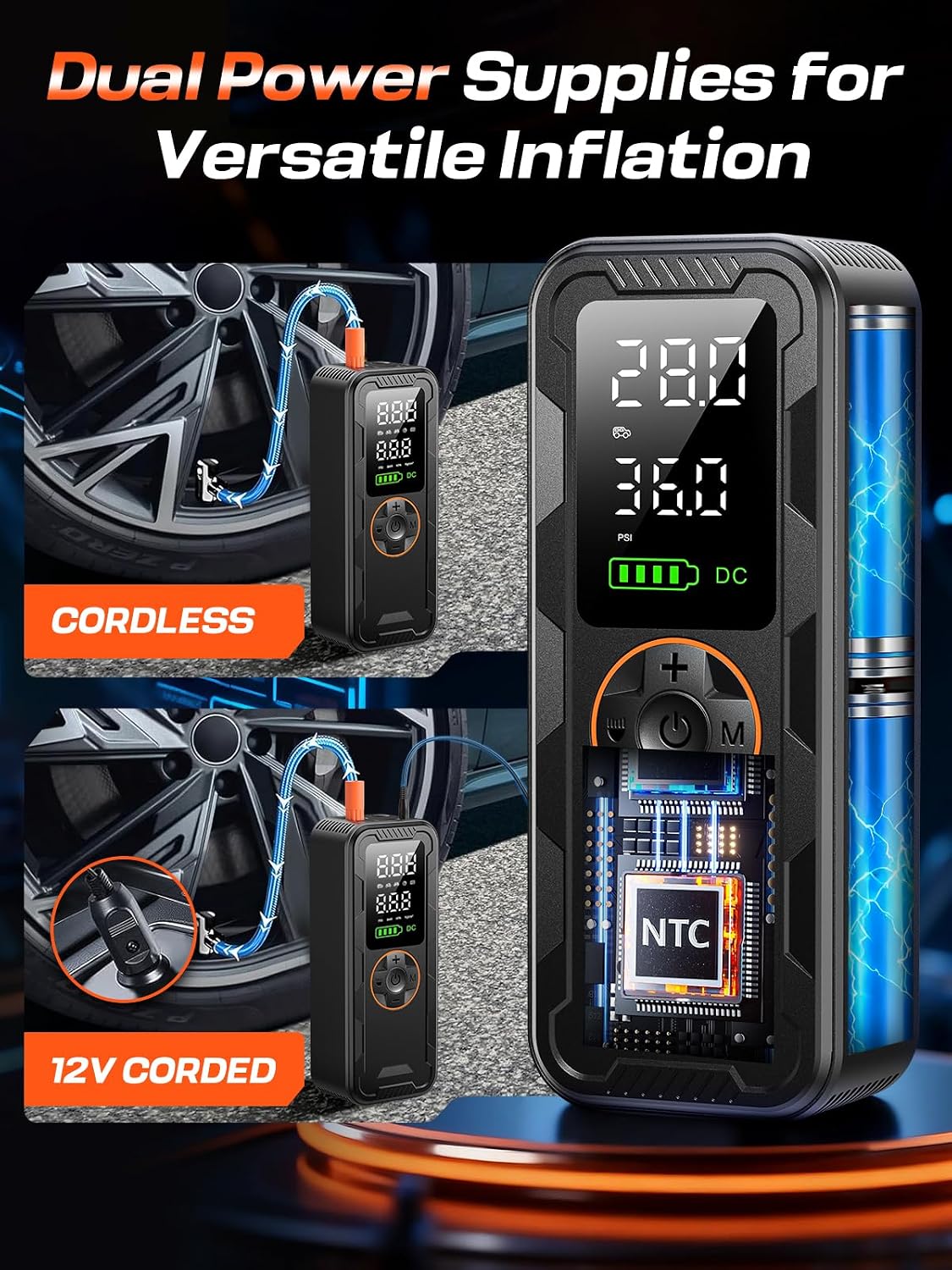 Tire Inflator Portable Air Compressor, 150PSI Electric Air Pump with Digital Pressure Gauge, Fast Inflation, Auto Shut-Off, 12V LED Light, Compact&Cordless Quick Inflation for Car, Motor, Bikes, Balls